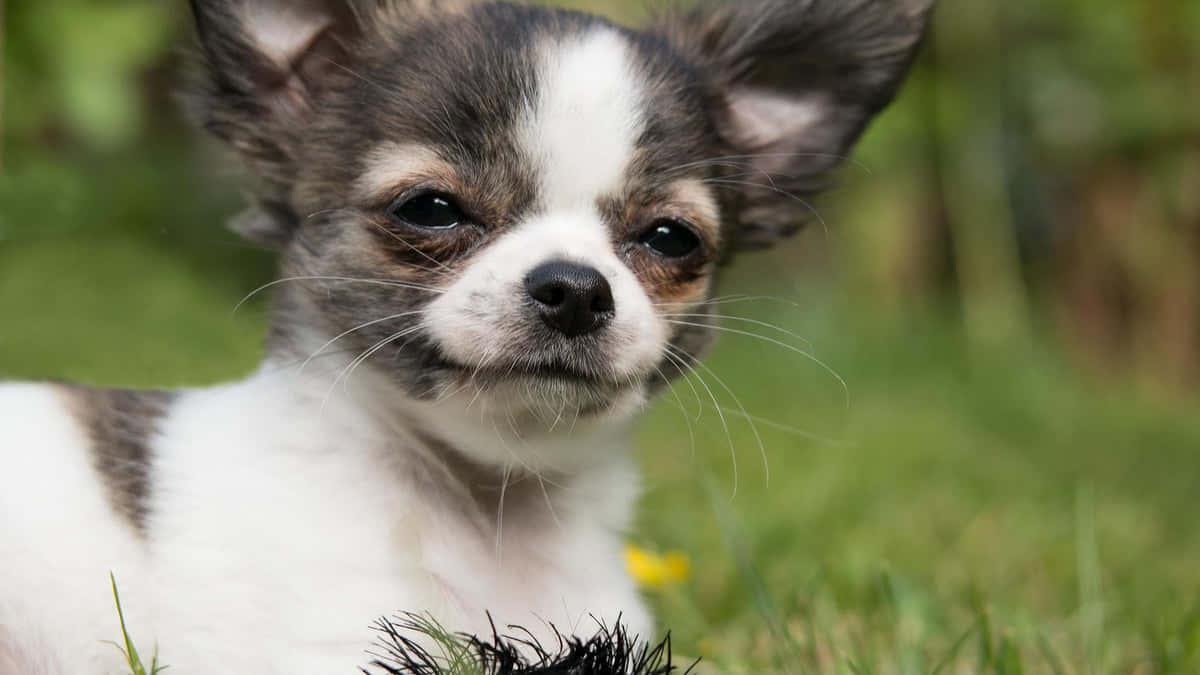 Teacup Chihuahua 桌布 壁紙 — 一隻細小吉娃娃幼犬的特寫，擁有黑色大眼睛和白色毛髮，在綠色草地上休息。