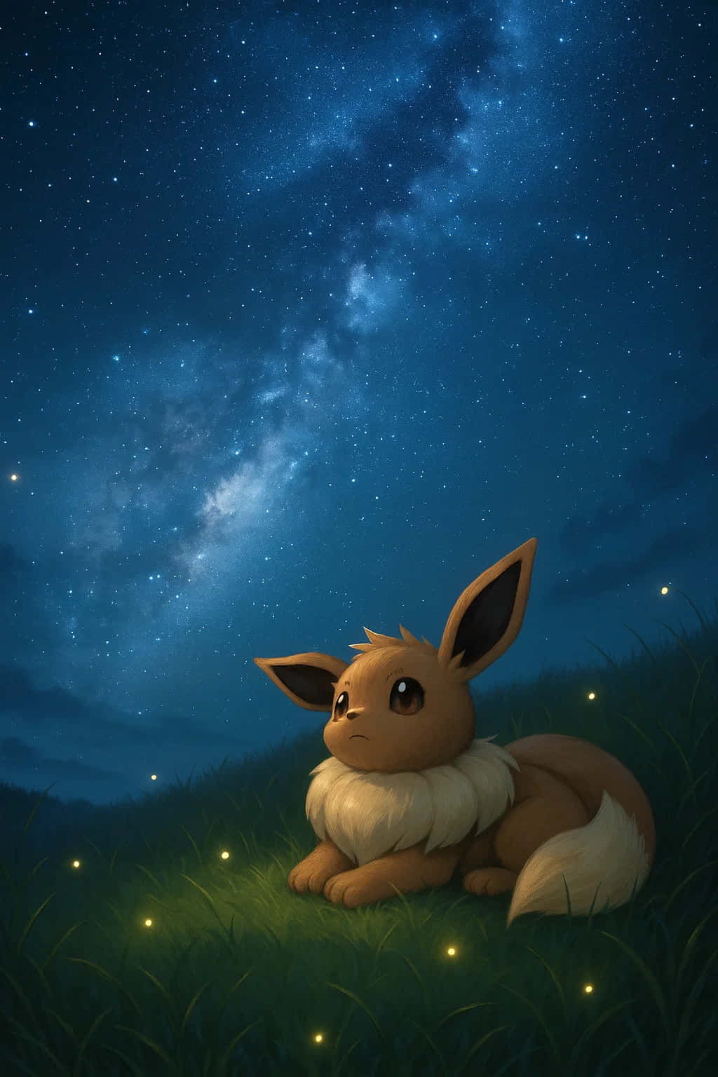 Eevee Wallpaper Pokemon 4K WEBP HD Download 壁紙 — 一隻細小啡色似狐狸的生物，有大耳朵，坐在草地上，背景是滿天星斗的夜空，周圍有發光的螢火蟲。