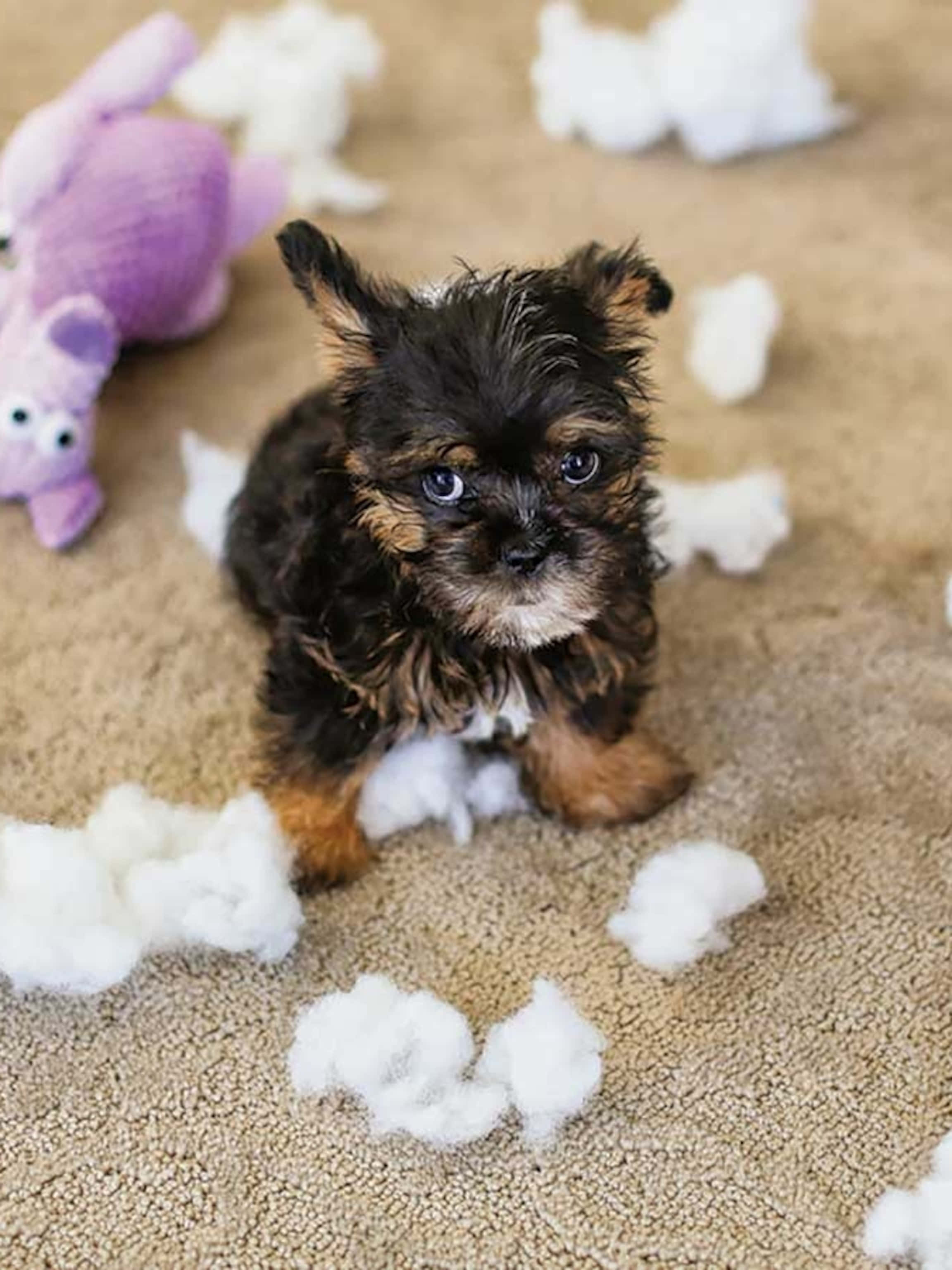 Puppies 桌布 壁紙 — 一隻細小毛茸茸、擁有藍色大眼睛的小狗，坐在米色地毯上，周圍散落著撕碎的白色填充物。