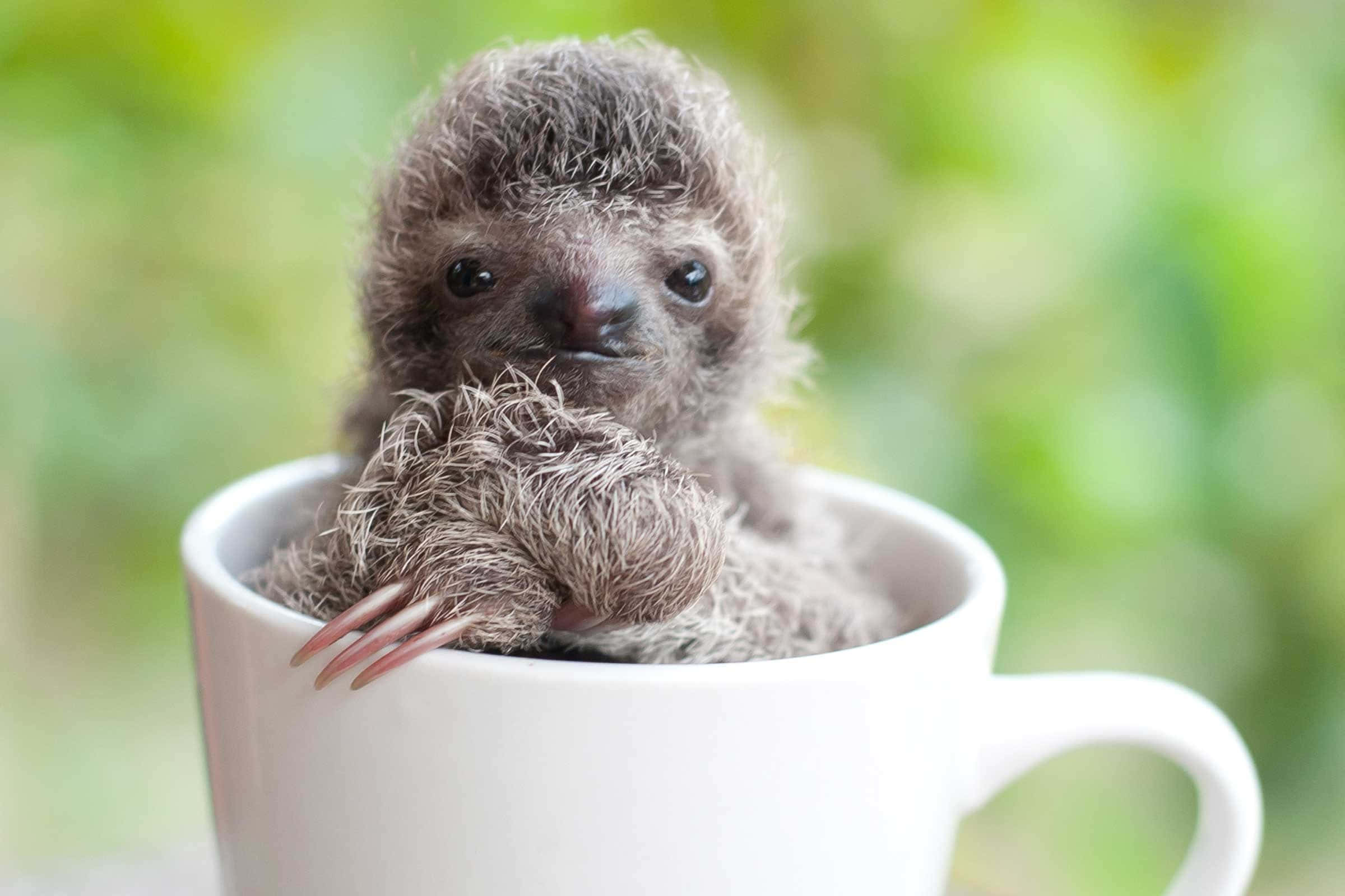 動物 桌布 壁紙 — 一隻細小毛茸茸的樹懶寶寶在白色陶瓷杯裡好奇地偷看，背景是柔和的綠色模糊效果。