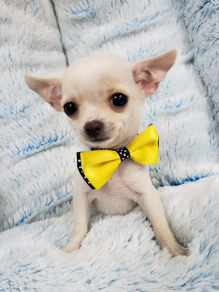 Teacup Chihuahua 桌布 壁紙 — 一隻細小白色吉娃娃幼犬，有著大大的黑色眼睛，在毛茸茸的藍白色毯子上戴著鮮黃色蝴蝶結。