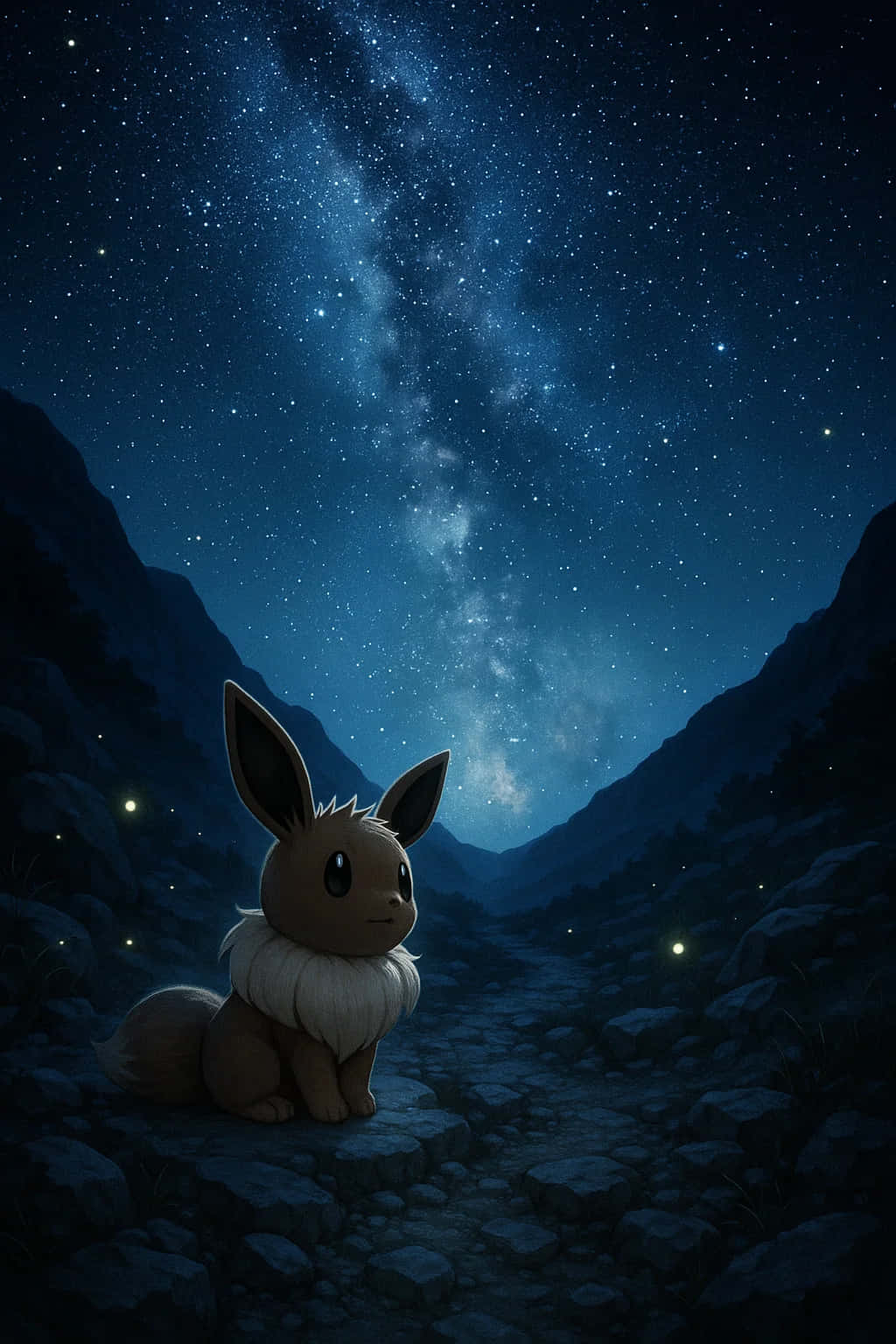 Eevee Wallpaper Pokemon 4K WEBP HD Download 壁紙 — 一隻細小的棕色伊布坐在山谷的岩石小徑上，仰望充滿活力的星空夜空，銀河在頭頂拱起。