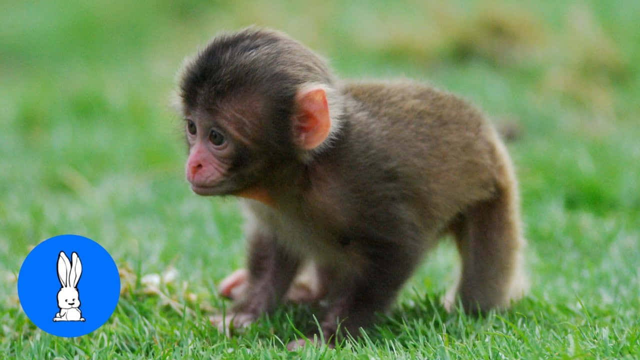 Baby Monkey 桌布 壁紙 — 一隻細小的猴寶寶，擁有柔軟的棕色毛髮和粉紅色臉龐，站在綠色草地上好奇地看向旁邊。