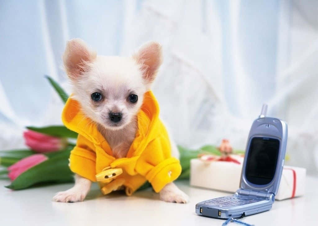 Chihuahua Dog 桌布 壁紙 — 一隻細小的白色吉娃娃幼犬穿著鮮黃色連帽衫，坐在白色表面上，旁邊放著一部藍色摺疊手機和粉紅色鬱金香。