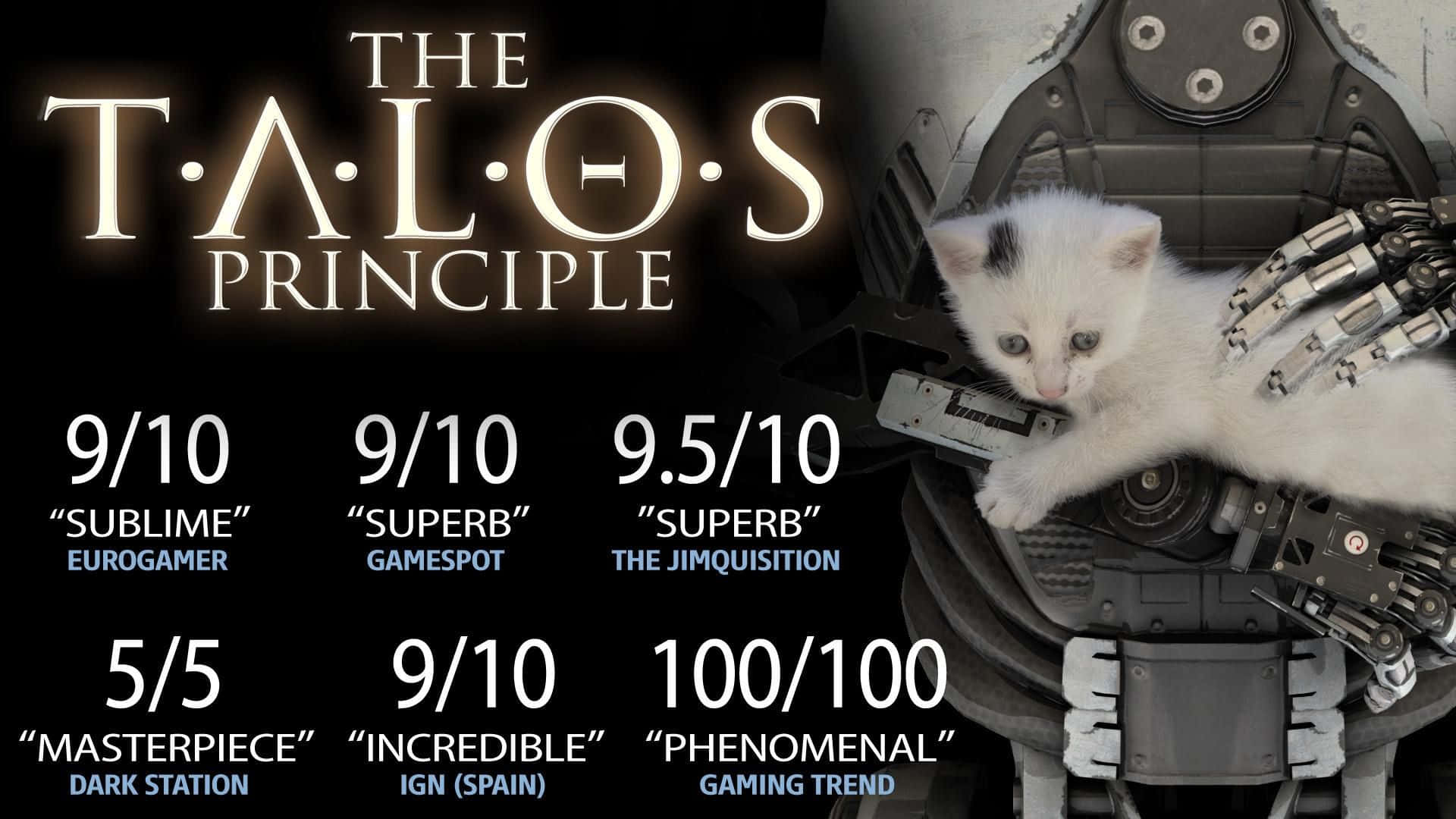 小貓 桌布 壁紙 — 一隻細小的白色小貓在黑色背景上帶有發光遊戲評論文字的機械機械臂上休息。