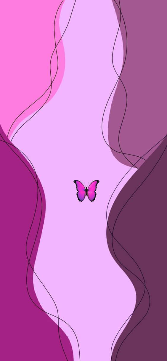 Cool Butterfly 桌布 壁紙 — 一隻細小的粉紅色蝴蝶漂浮在流動的抽象背景中央，背景由柔和的紫色和洋紅色波浪組成。