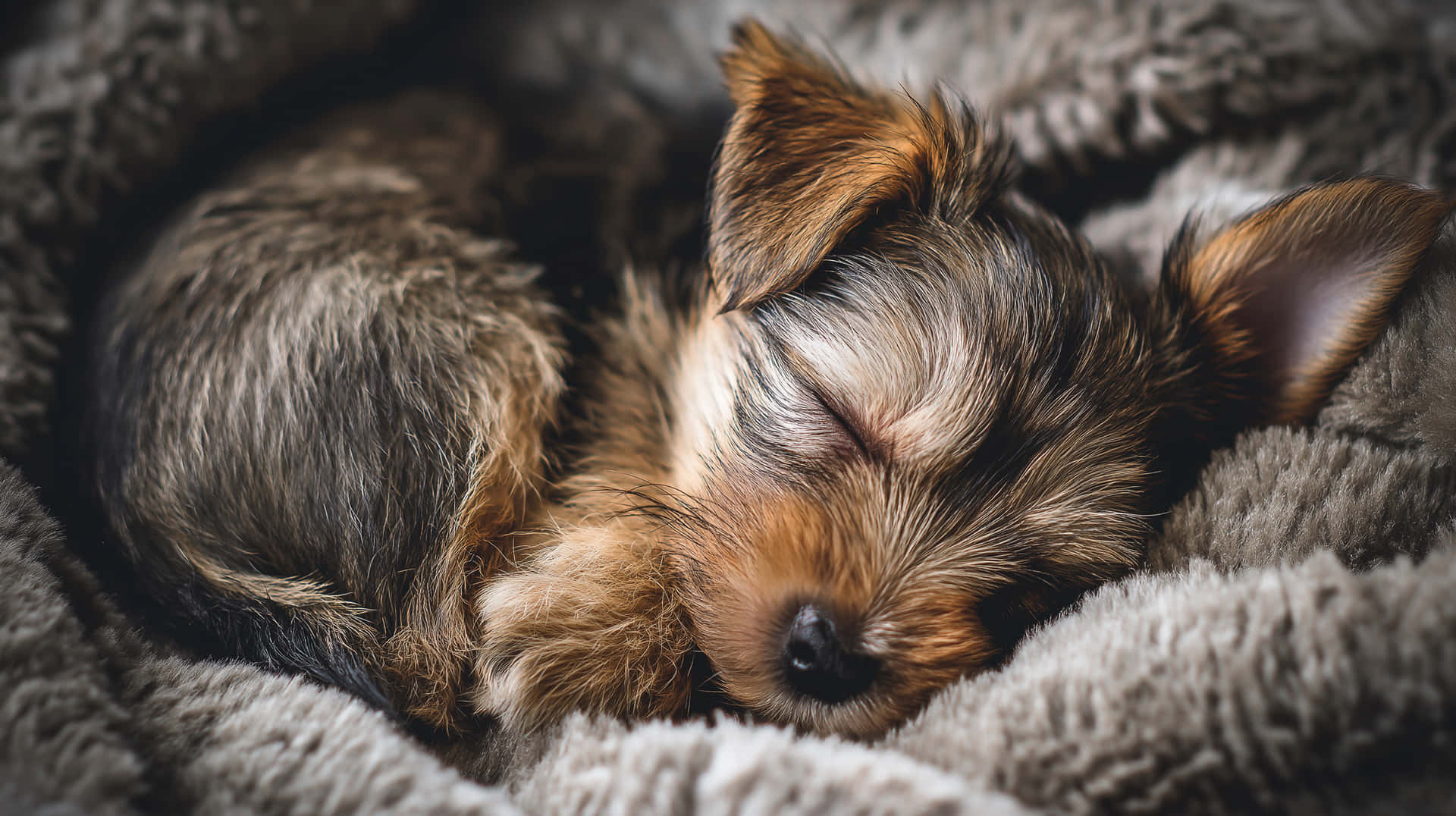Sleeping Puppy Curled Up on a Cozy Blanket 壁紙 — 一隻細小的約克夏㹴幼犬在柔軟的灰色毯子上閉著眼睛，蜷縮著毛茸茸的棕色毛髮，安詳地睡覺。
