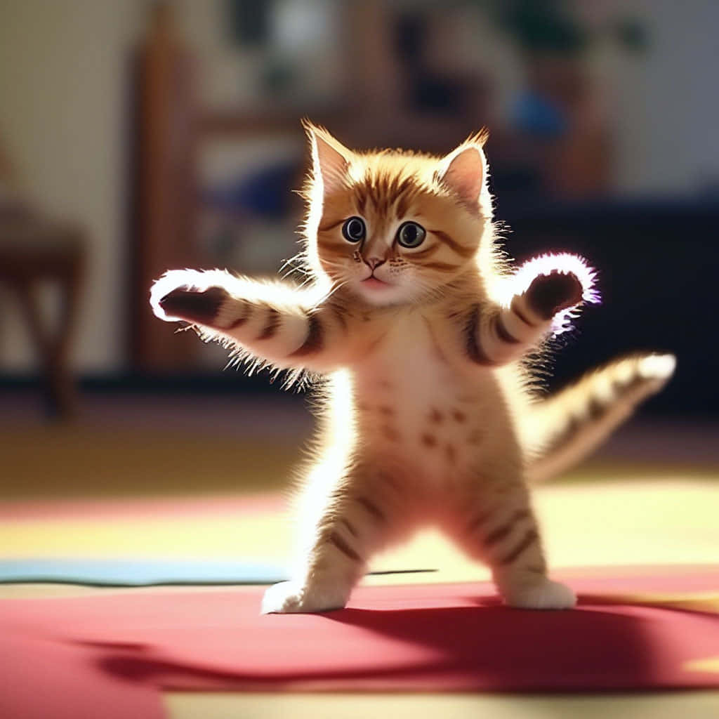 Dancing Cat 桌布 壁紙 — 一隻細小的薑黃色虎斑小貓在色彩繽紛的地毯上用後腿站立，雙臂伸展，沐浴在溫暖的陽光中。