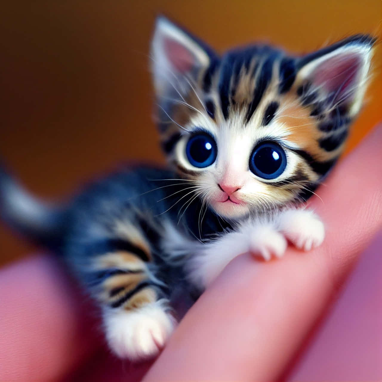 cute kitty 桌布 壁紙 — 一隻細小的虎斑貓寶寶，有著超大的藍色眼睛，輕輕地在一根人類手指上休息，背景是溫暖模糊的。