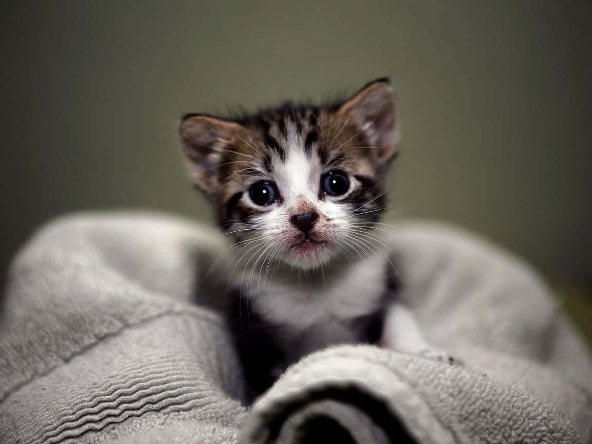 kitty cat 桌布 壁紙 — 一隻細小的虎斑貓寶寶，睜著大大的好奇眼睛，從柔軟的灰色毛毯中探出頭來。