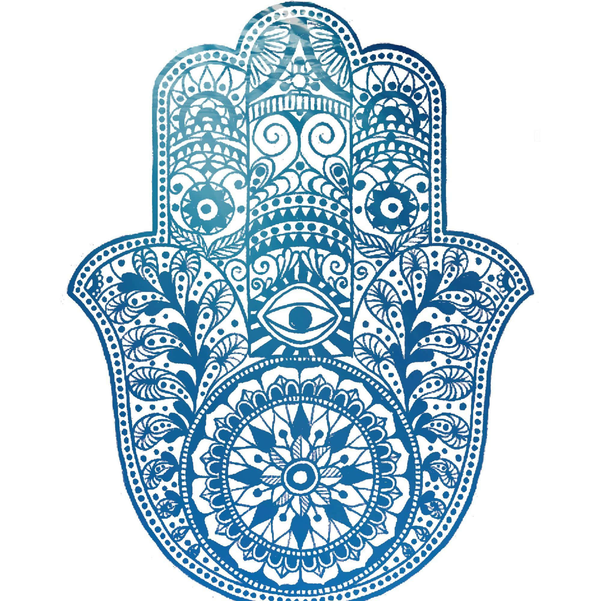 Hamsa 桌布 壁紙 — 一隻細節精緻的藍色哈姆薩之手，中心有一隻眼睛，並帶有華麗的曼陀羅圖案，背景為白色。
