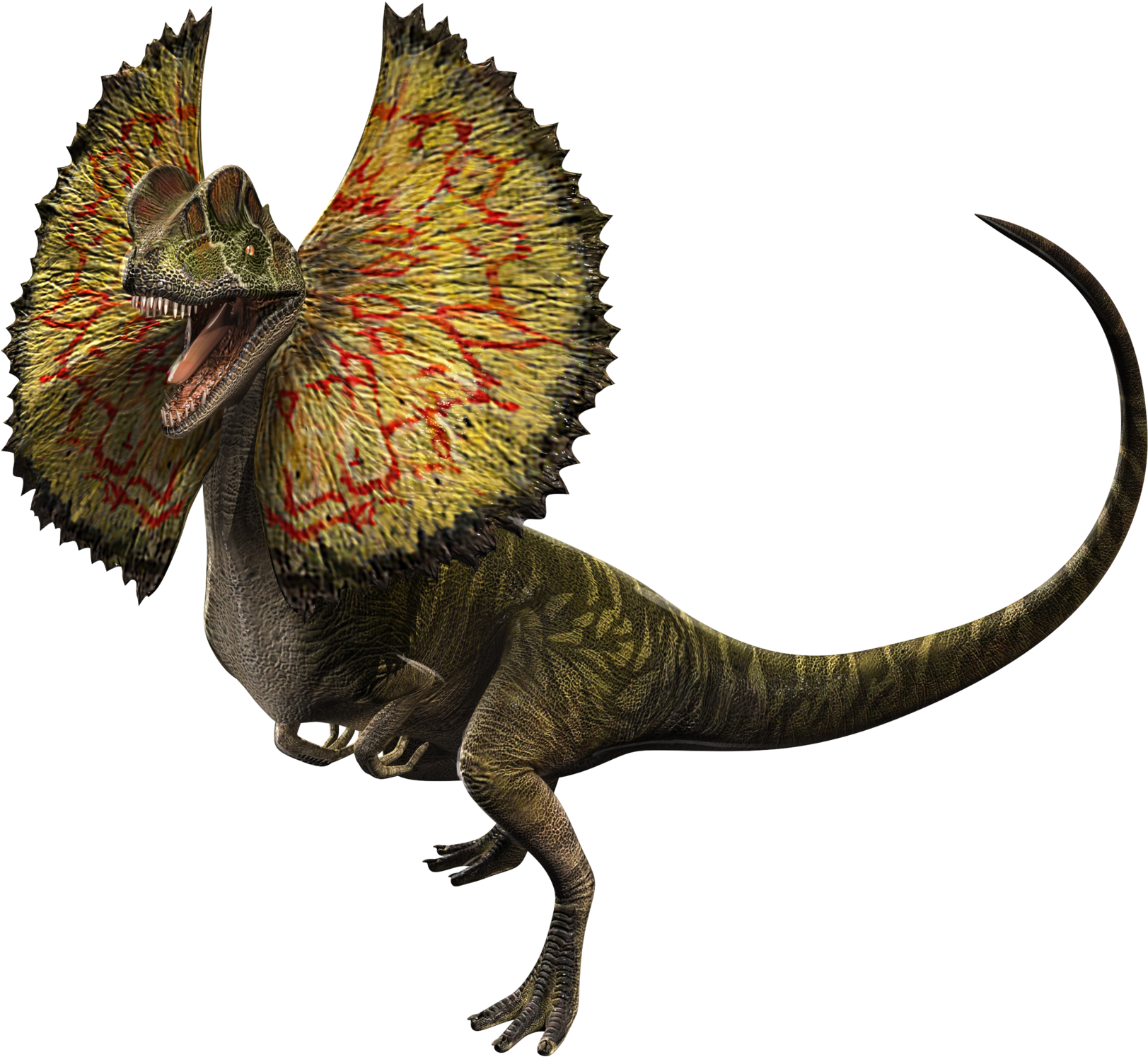 Jurassic World 桌布 壁紙 — 一隻細節豐富的3D渲染棘龍，帶有鮮豔的黃色和紅色頭冠，在純黑色背景上咆哮。