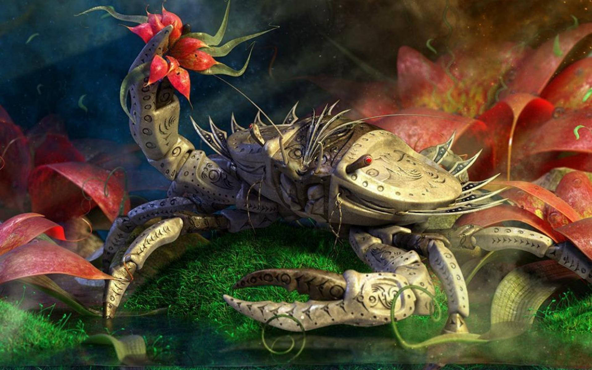 zodiac 桌布 壁紙 — 一隻細節豐富的幻想螃蟹，帶有華麗圖案和爪上的紅花，在發光的紅色花瓣和綠色苔蘚中休息。