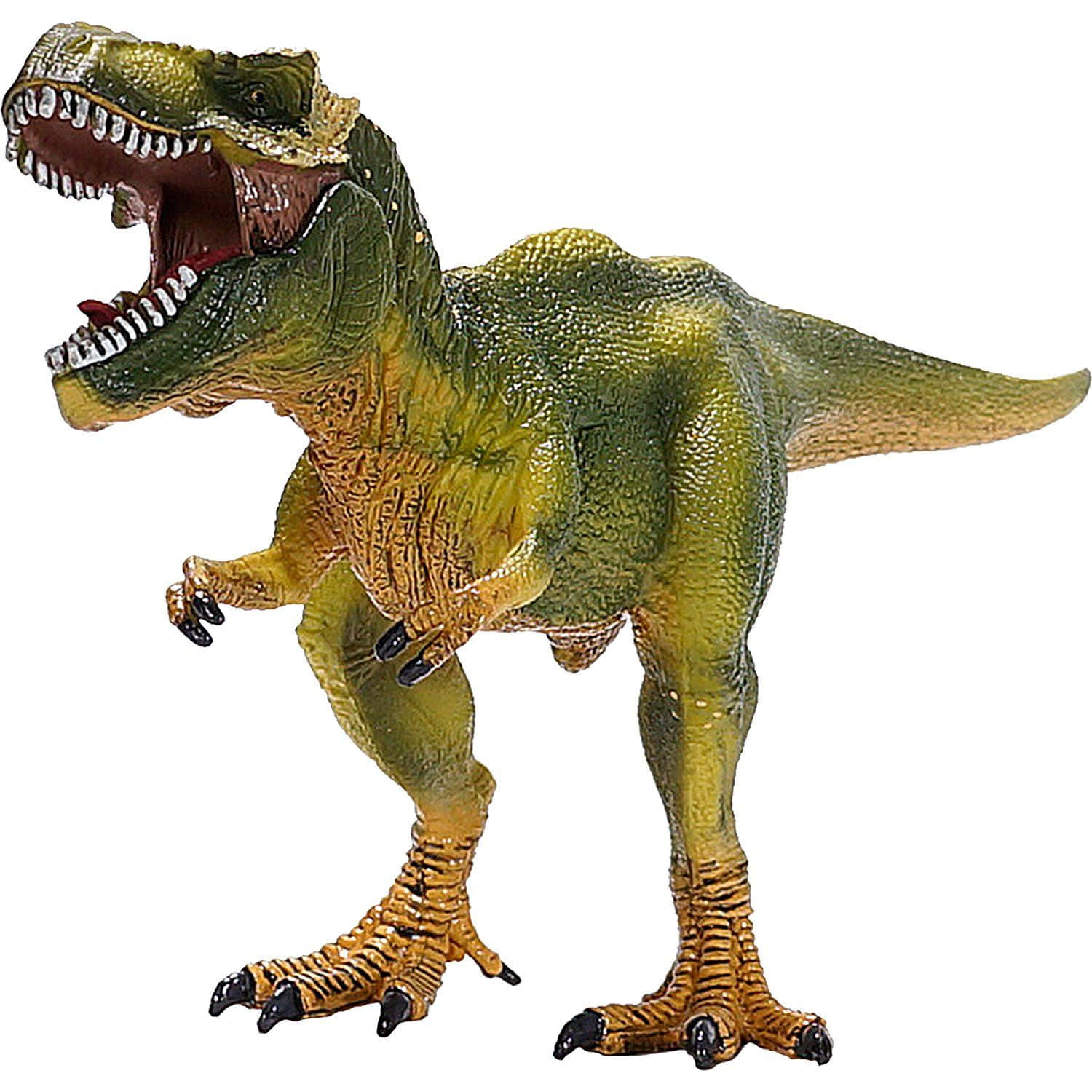 Trex 桌布 壁紙 — 一隻細節豐富的綠色和黃色暴龍玩具恐龍，張開下顎，帶有紋理的皮膚，站在純白色背景前。