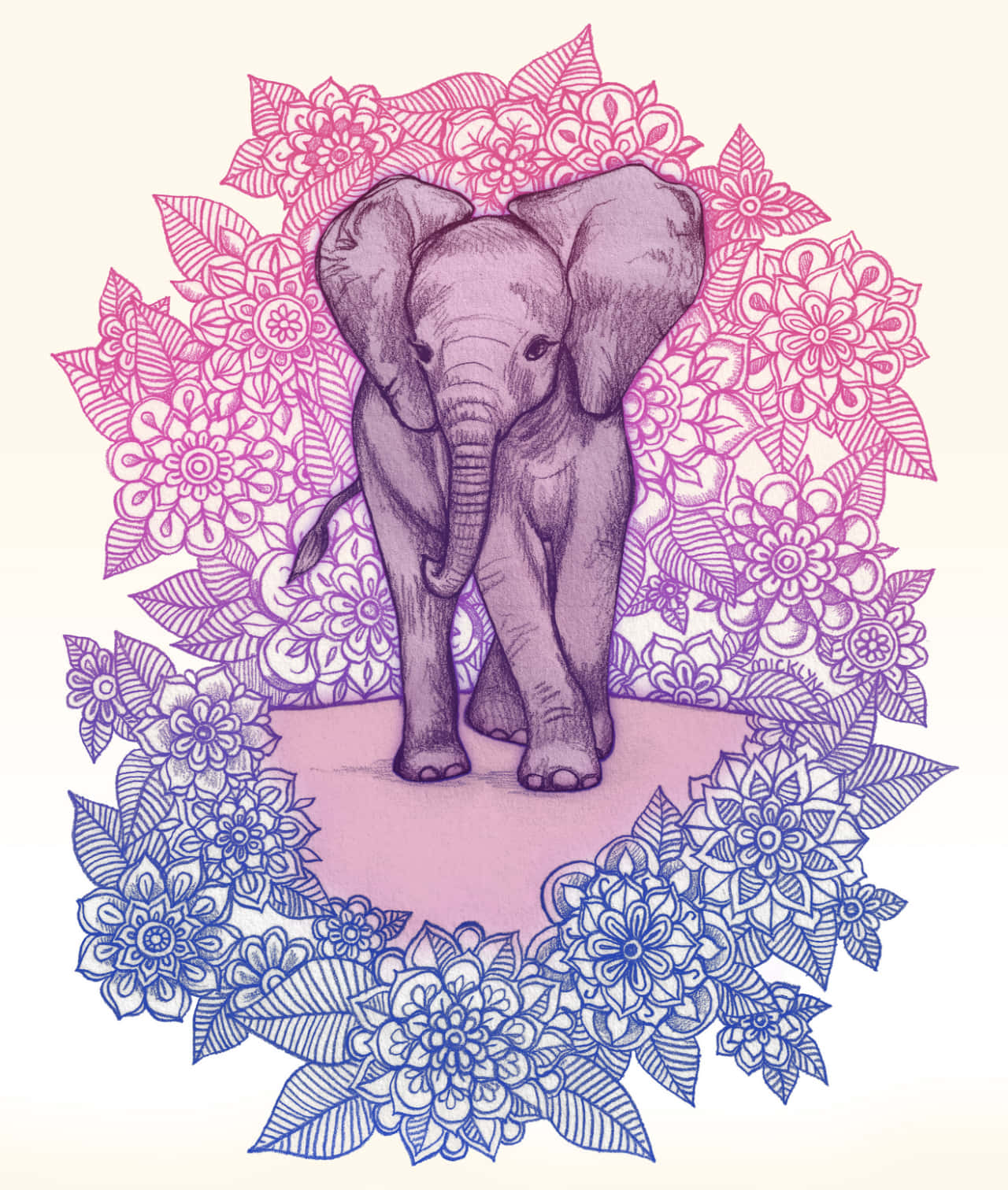 Kawaii Elephant 桌布 壁紙 — 一隻細節豐富的線條藝術大象，位於粉紅和藍色花卉圖案的鮮豔漸變曼陀羅中心。