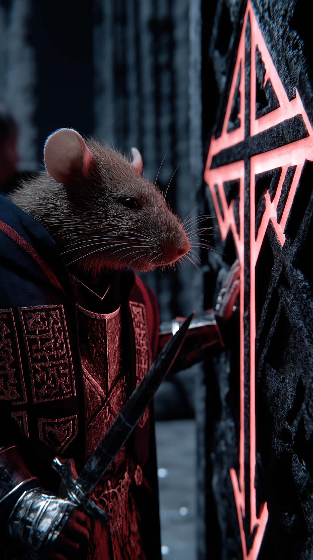 Rat Knight's Vow 壁紙 — 一隻細節豐富的老鼠穿著華麗的暗色盔甲，手持匕首，旁邊是一扇發光的紅色符文雕刻門，背景為哥德式風格。