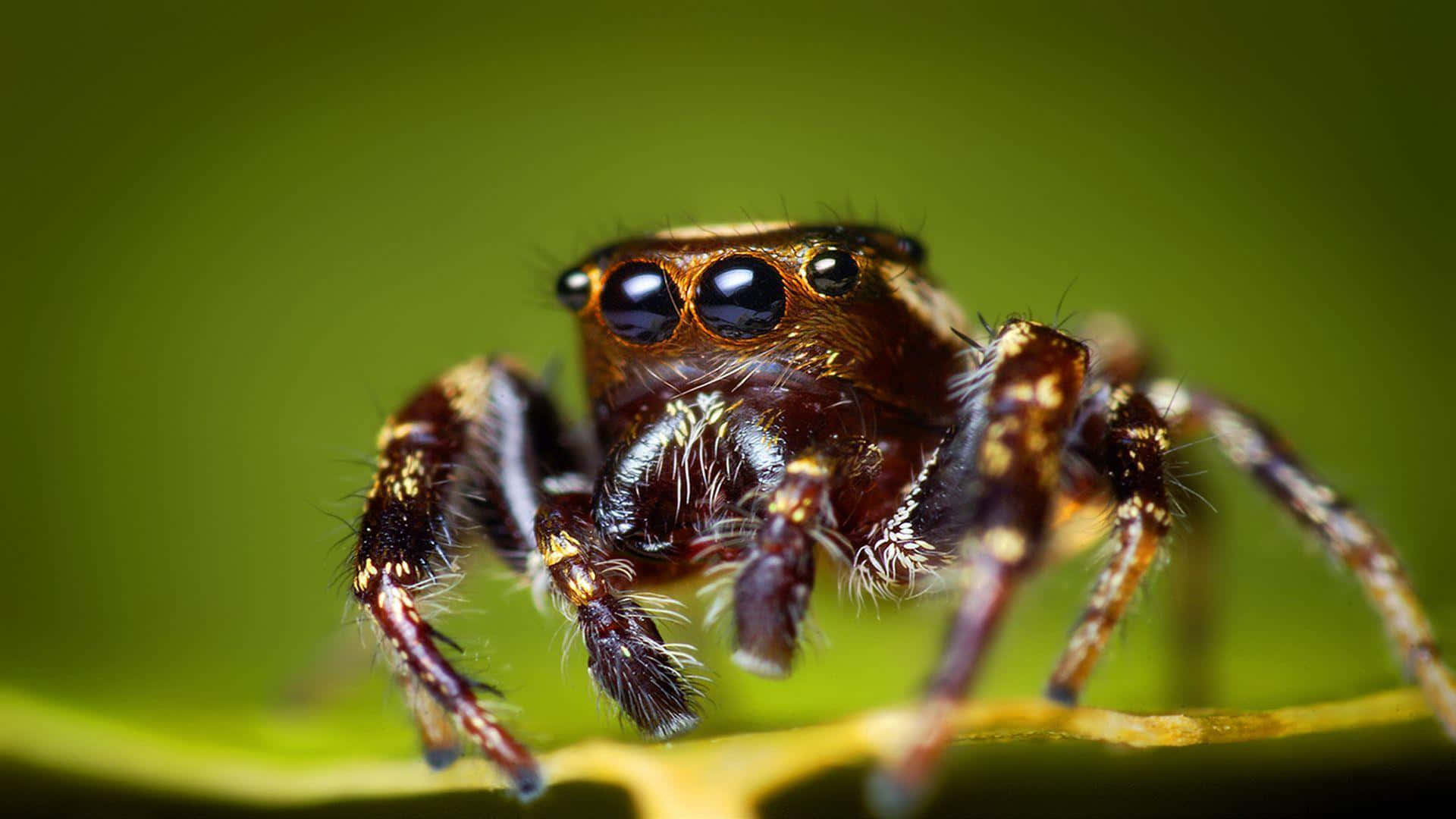 Insects 桌布 壁紙 — 一隻細節豐富的跳蛛棲息在葉子上，背景為柔和綠色的特寫微距照片。