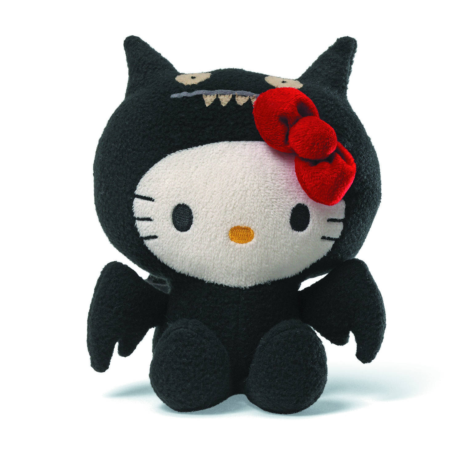 Hello Kitty Halloween 桌布 壁紙 — 一隻絨毛Hello Kitty打扮成黑色蝙蝠，戴著紅色蝴蝶結和縫製的尖牙，背景為白色。