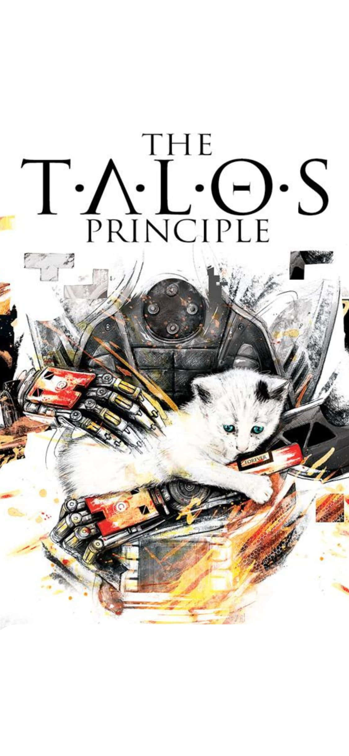 iPhone Xs The Talos Principle 桌布 壁紙 — 一隻綠眼白色小貓在機械臂上休息，周圍是火橙色和灰色的飛濺，標題為 The Talos Principle。