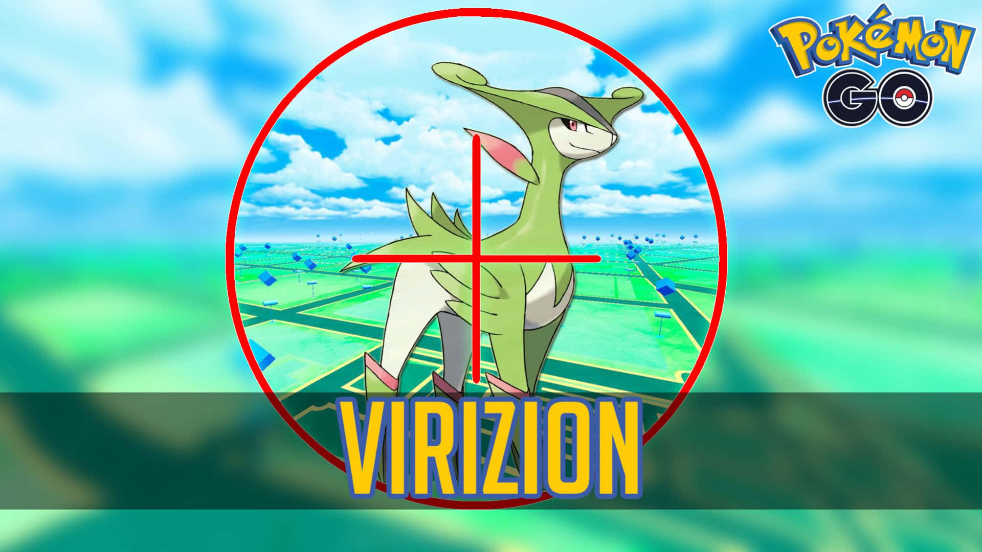 寶可夢 桌布 壁紙 — 一隻綠色 Virizion 寶可夢位於紅色十字準線中央，背景是模糊的草地，藍天白雲。