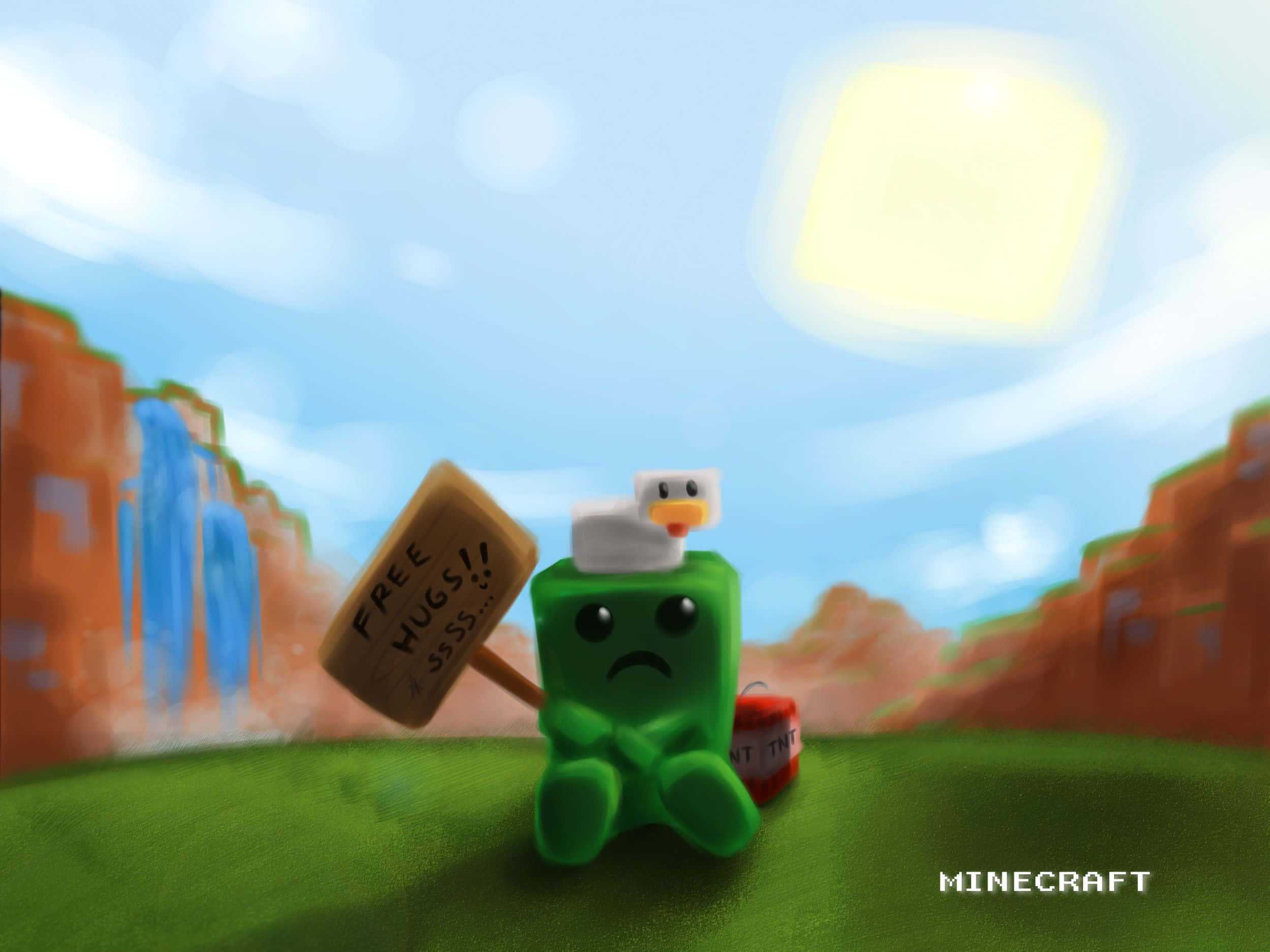 Minecraft Mobs 桌布 壁紙 — 一隻綠色Minecraft苦力怕帶著悲傷的表情，舉著一個提供免費杯子的牌子，一隻小鴨子站在它的頭上，背景是明亮的天空。