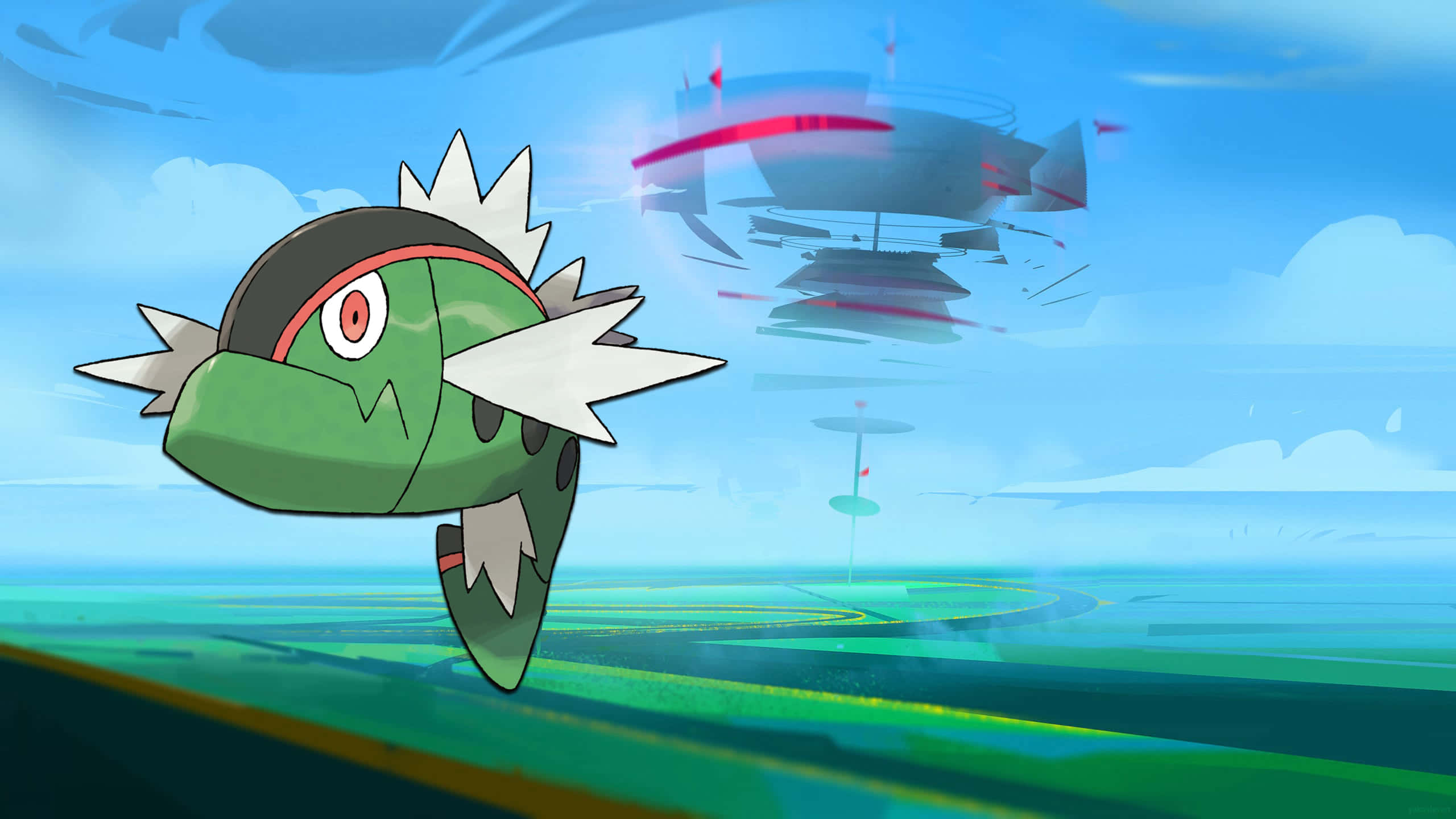 Pokemon Landscape 桌布 壁紙 — 一隻綠色動畫寶可夢，帶有白色尖刺，低飛過風格化的景觀，遠處有一艘紅色飛船懸浮。