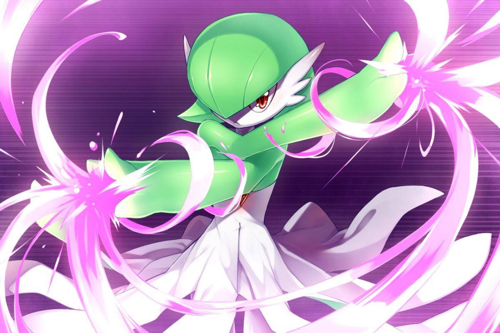 Gardevoir 桌布 壁紙 — 一隻綠色動畫寶可夢，長有白色翅膀，在充滿活力的紫色背景上釋放出旋轉的粉紅色能量攻擊。