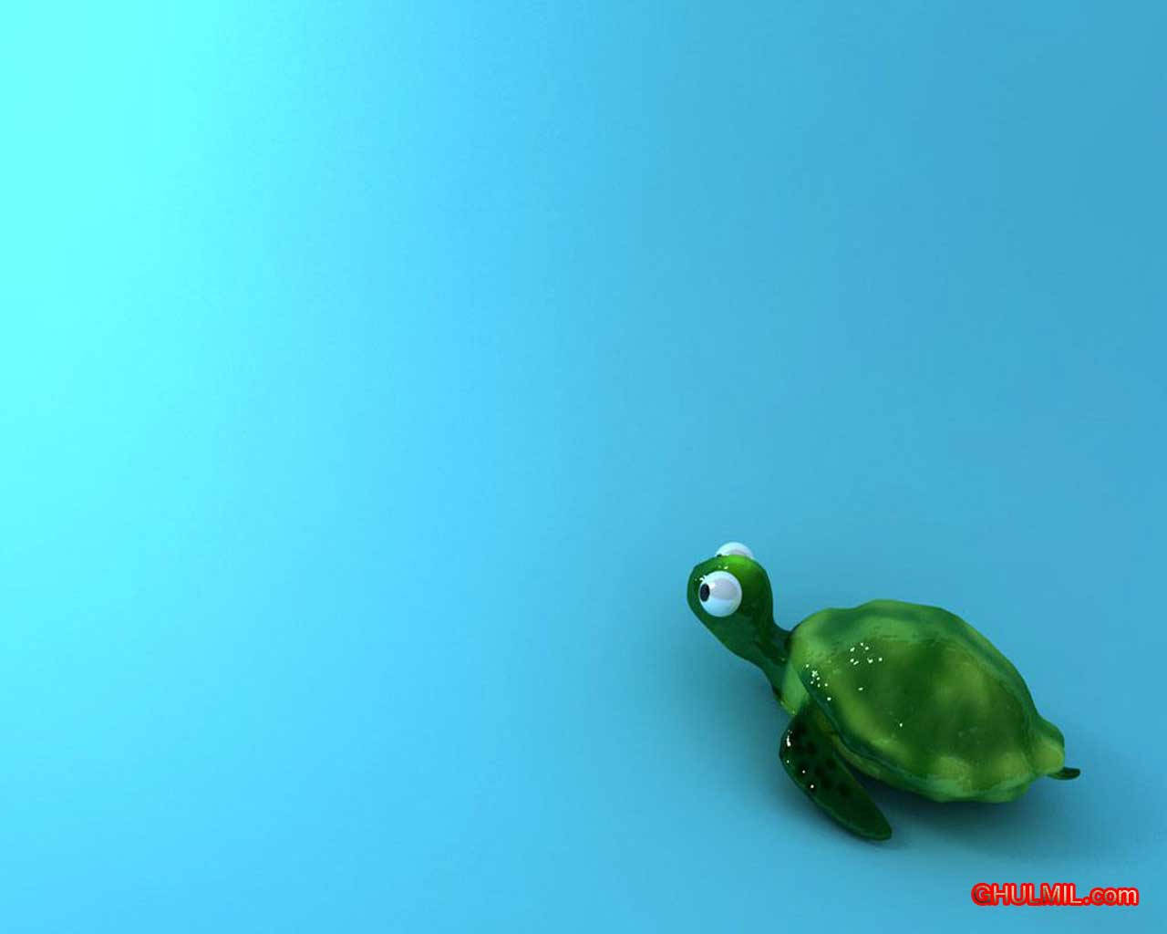 Cute Computer 桌布 壁紙 — 一隻綠色卡通小海龜，有著白色大眼睛，獨自坐在漸變藍色背景上。