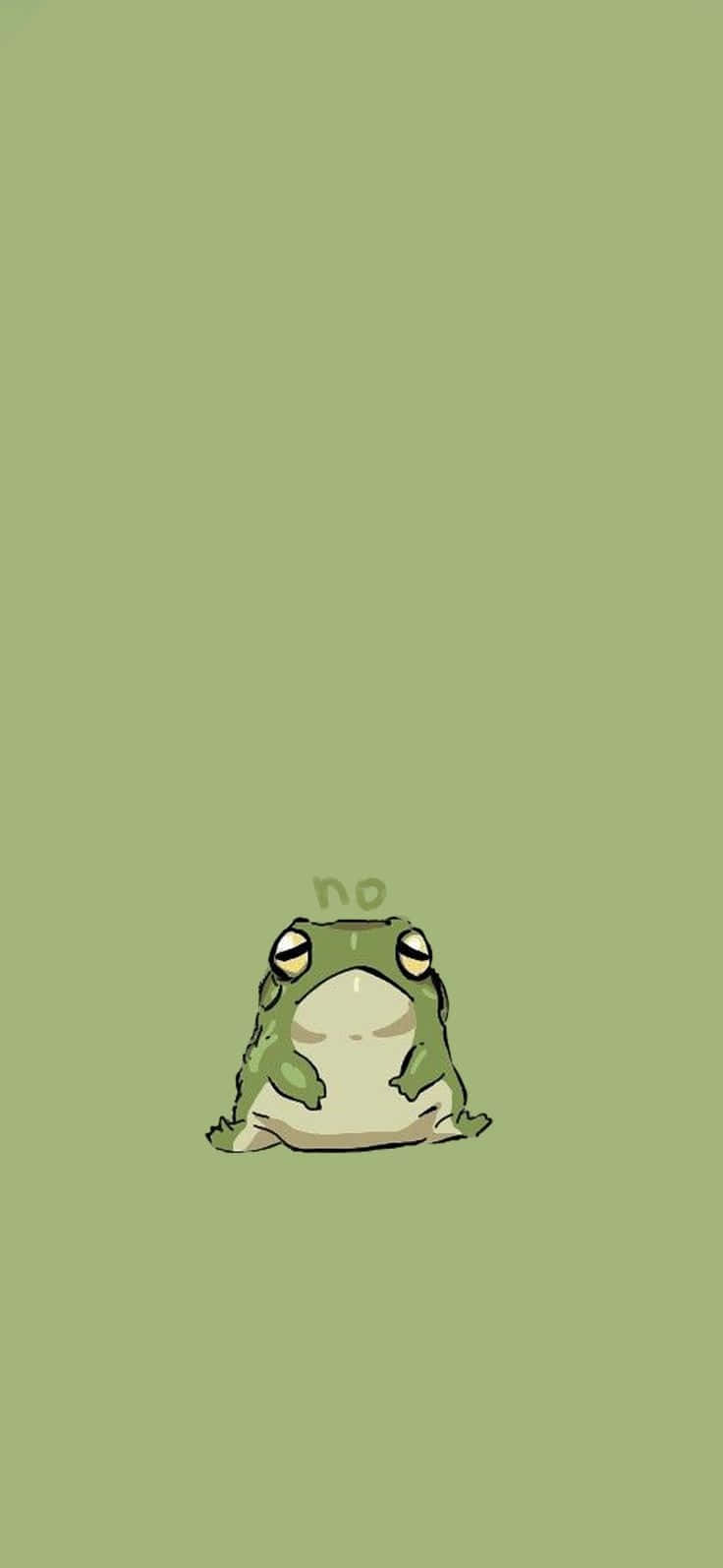 Frog 桌布 壁紙 — 一隻綠色卡通小青蛙，頭頂有一個「不」的對話氣泡，坐在純橄欖綠背景中央。