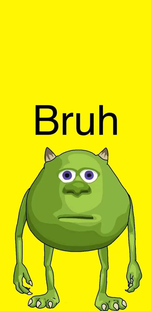 meme 桌布 壁紙 — 一隻綠色卡通怪物，有角和寬大的眼睛，站在明亮的黃色背景前，上方有「Bruh」字樣。