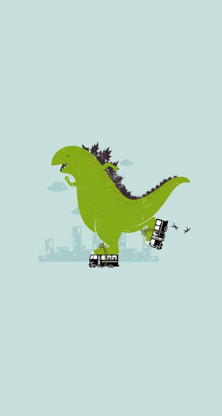 一隻綠色卡通恐龍在城市景觀中壓碎汽車。