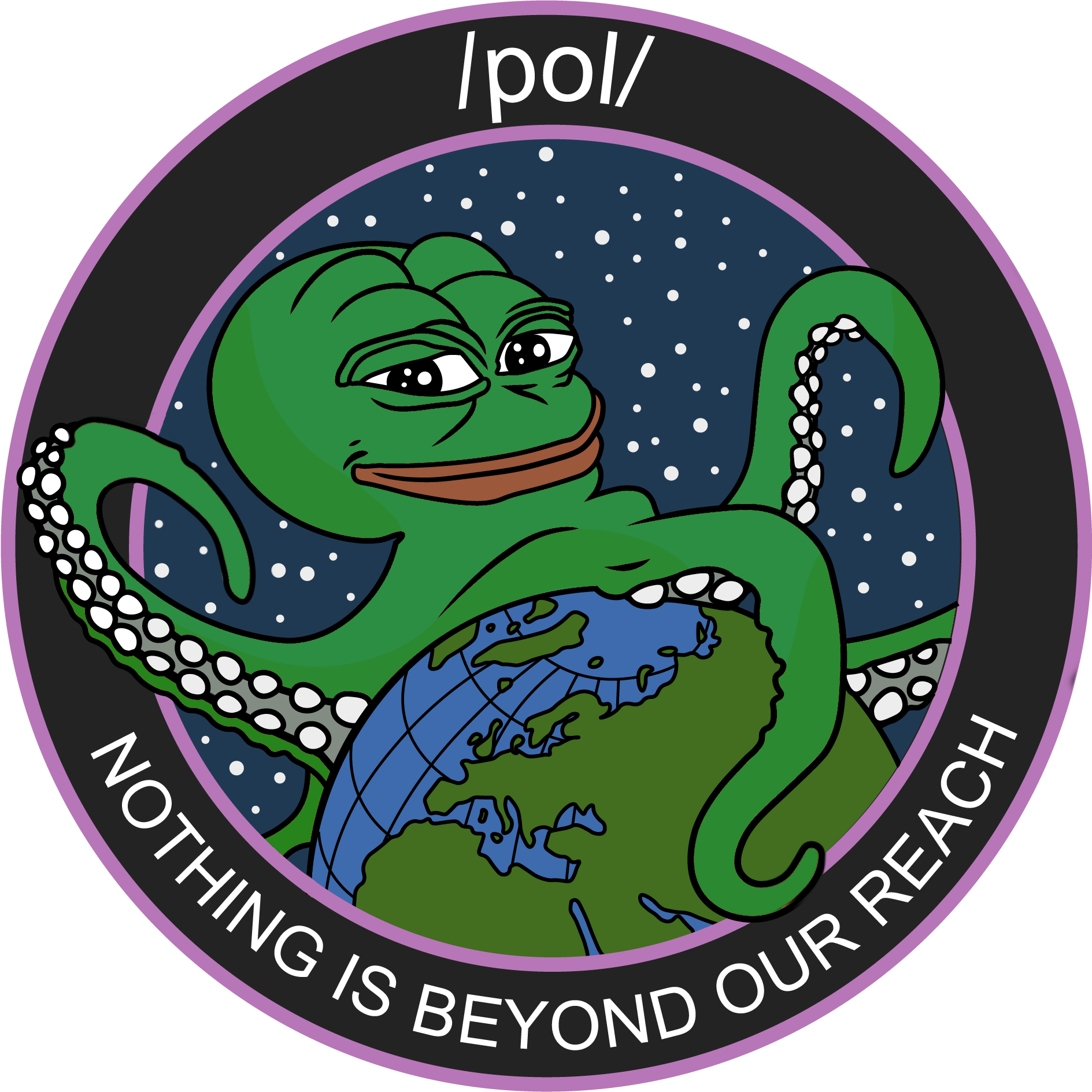 標誌 桌布 壁紙 — 一隻綠色卡通章魚，擁有Pepe the Frog的臉，觸手纏繞著一個地球儀，背景是星空太空。