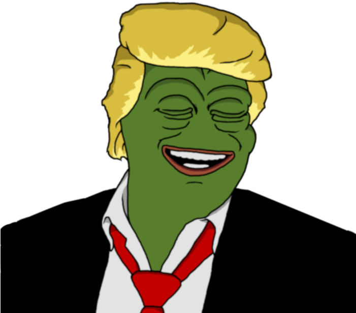 Pepe 桌布 壁紙 — 一隻綠色卡通青蛙，咧嘴大笑，金髮，戴著紅色領帶，背景為黑色。