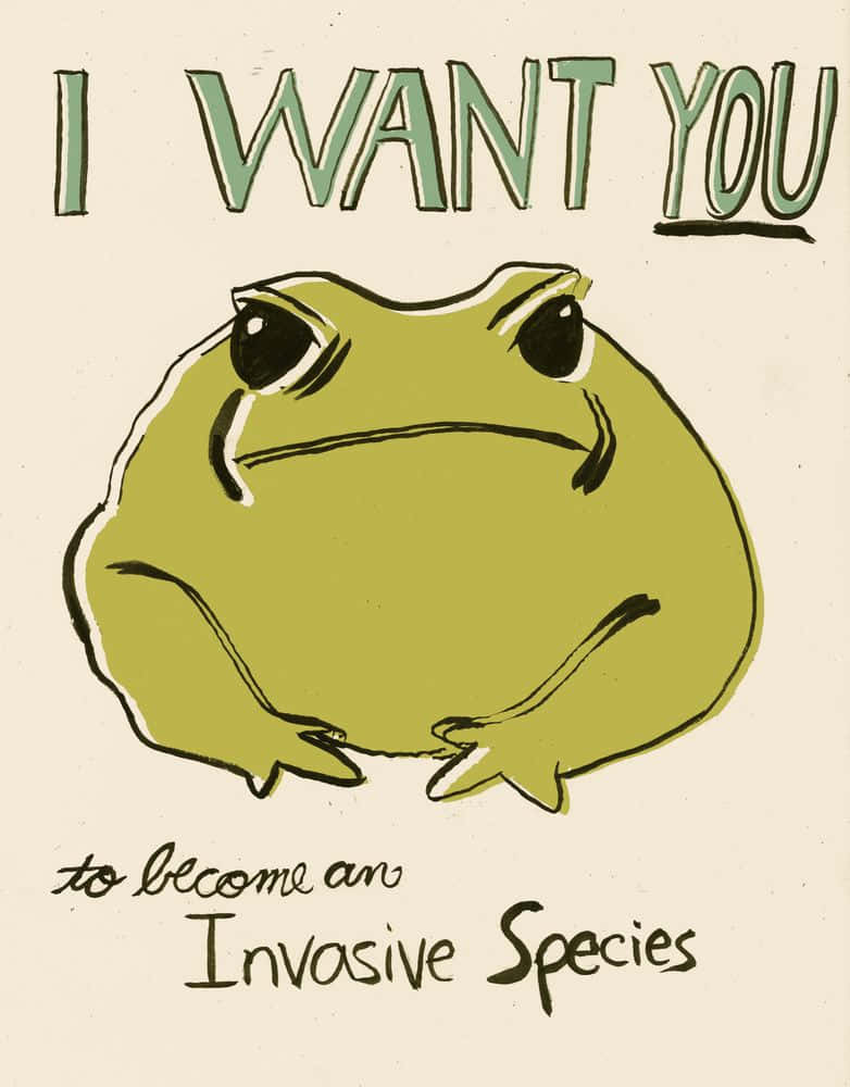 toad 桌布 壁紙 — 一隻綠色卡通青蛙，表情悲傷，下方有文字「I WANT YOU to become an Invasive Species」。