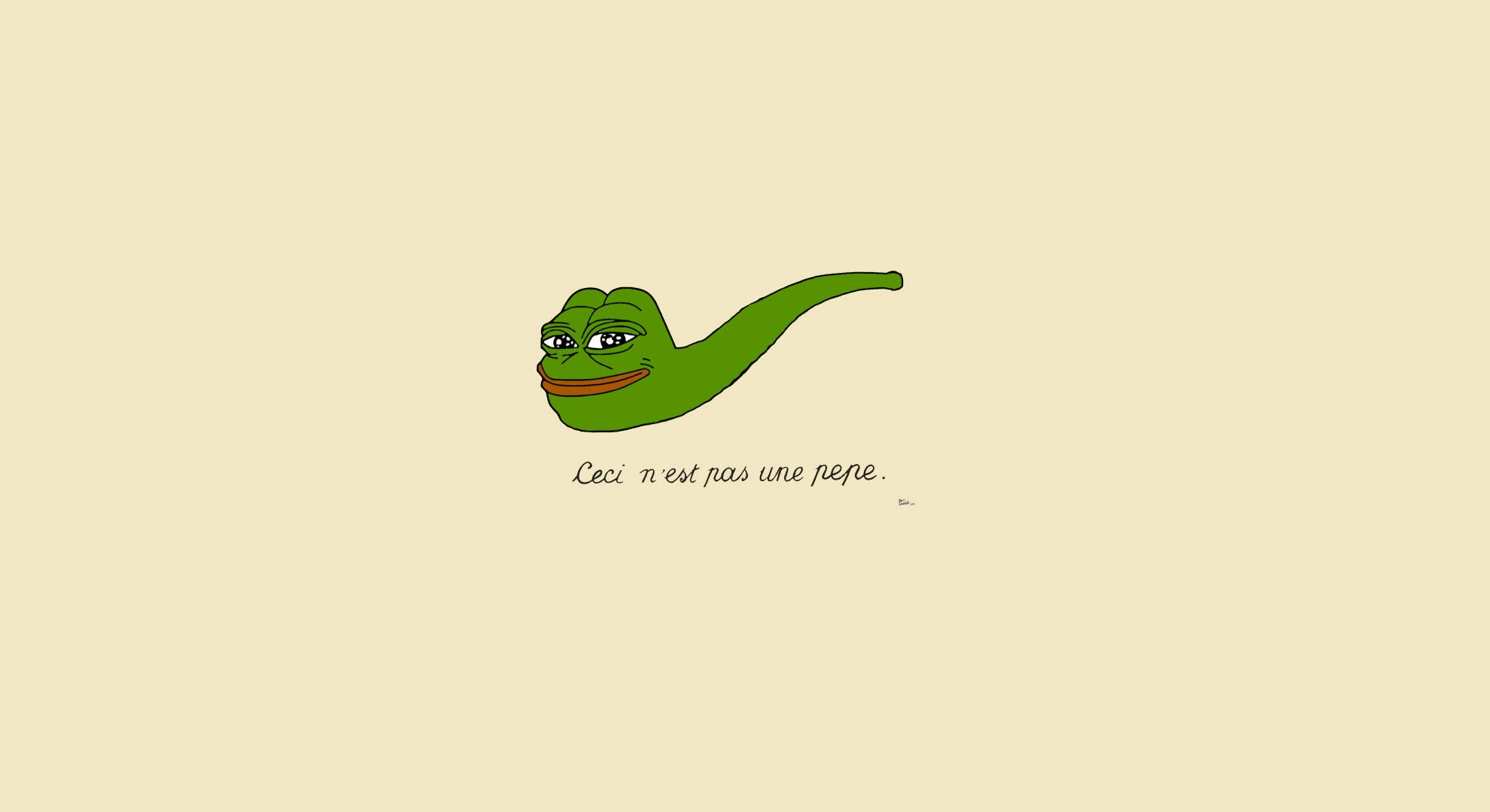 Pepe 桌布 壁紙 — 一隻綠色卡通青蛙，表情自鳴得意，下方有文字，背景為米色。