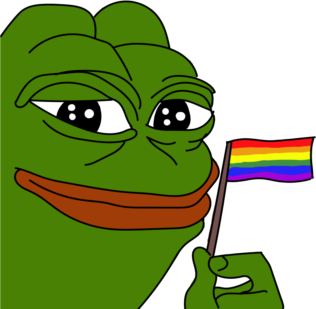 pepe frog 桌布 壁紙 — 一隻綠色卡通青蛙帶著得意的表情，在黑色背景上舉著彩虹旗。