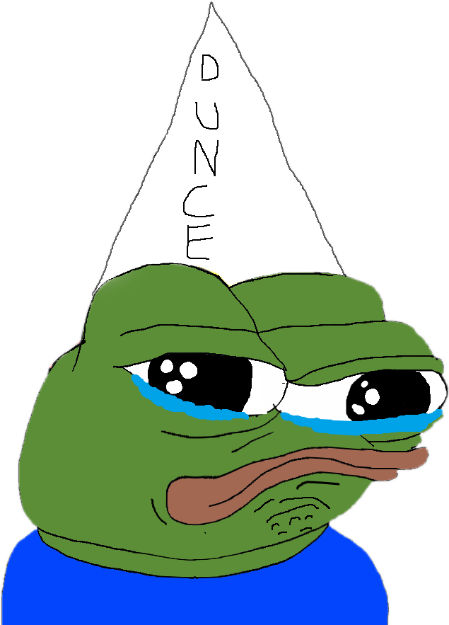 Pepe 桌布 壁紙 — 一隻綠色卡通青蛙戴著白色小丑帽，淚水從臉上流下，背景為黑色。