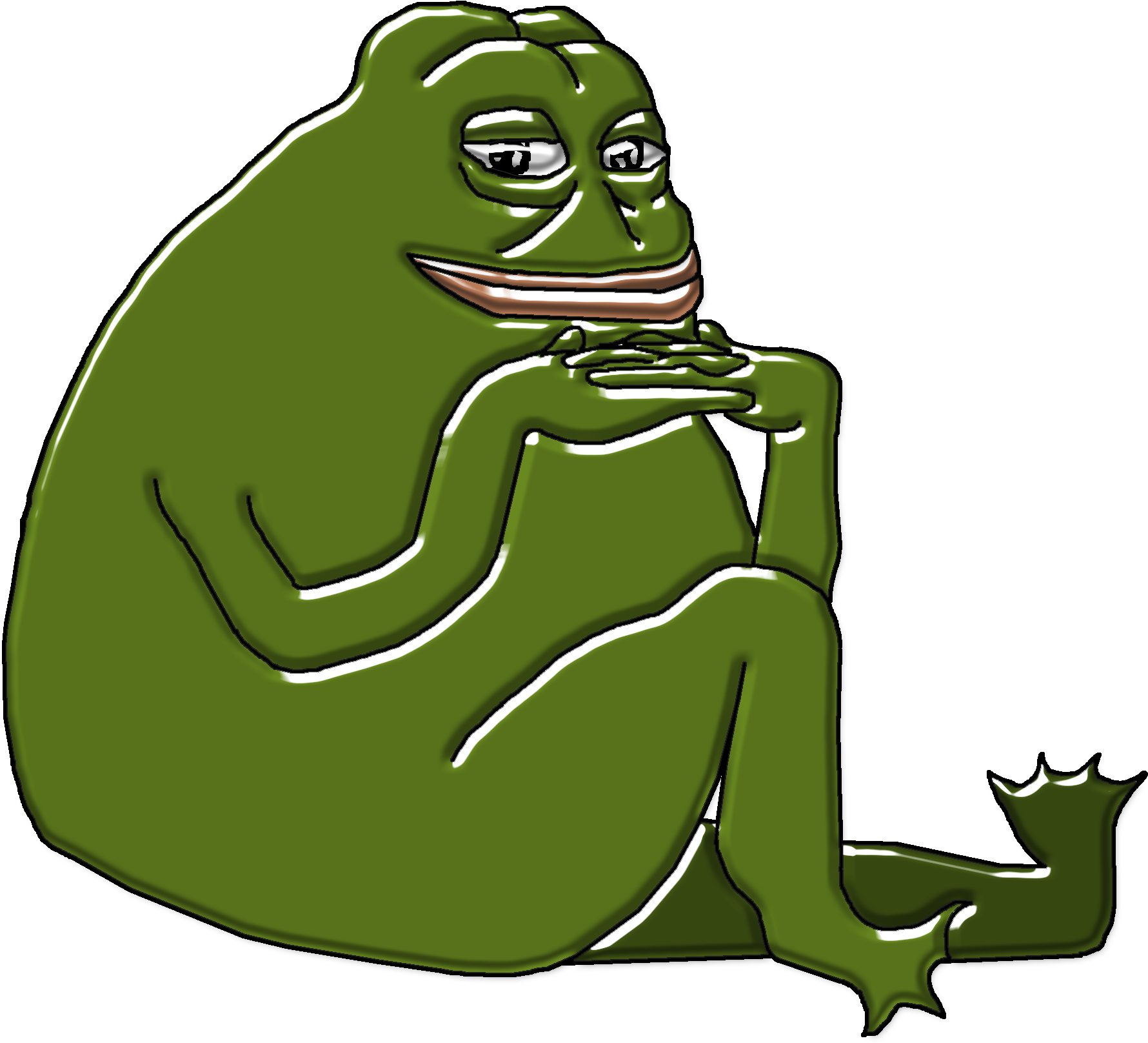 pepe frog 桌布 壁紙 — 一隻綠色卡通青蛙盤腿而坐，雙手合十放在下巴下方，背景為黑色。
