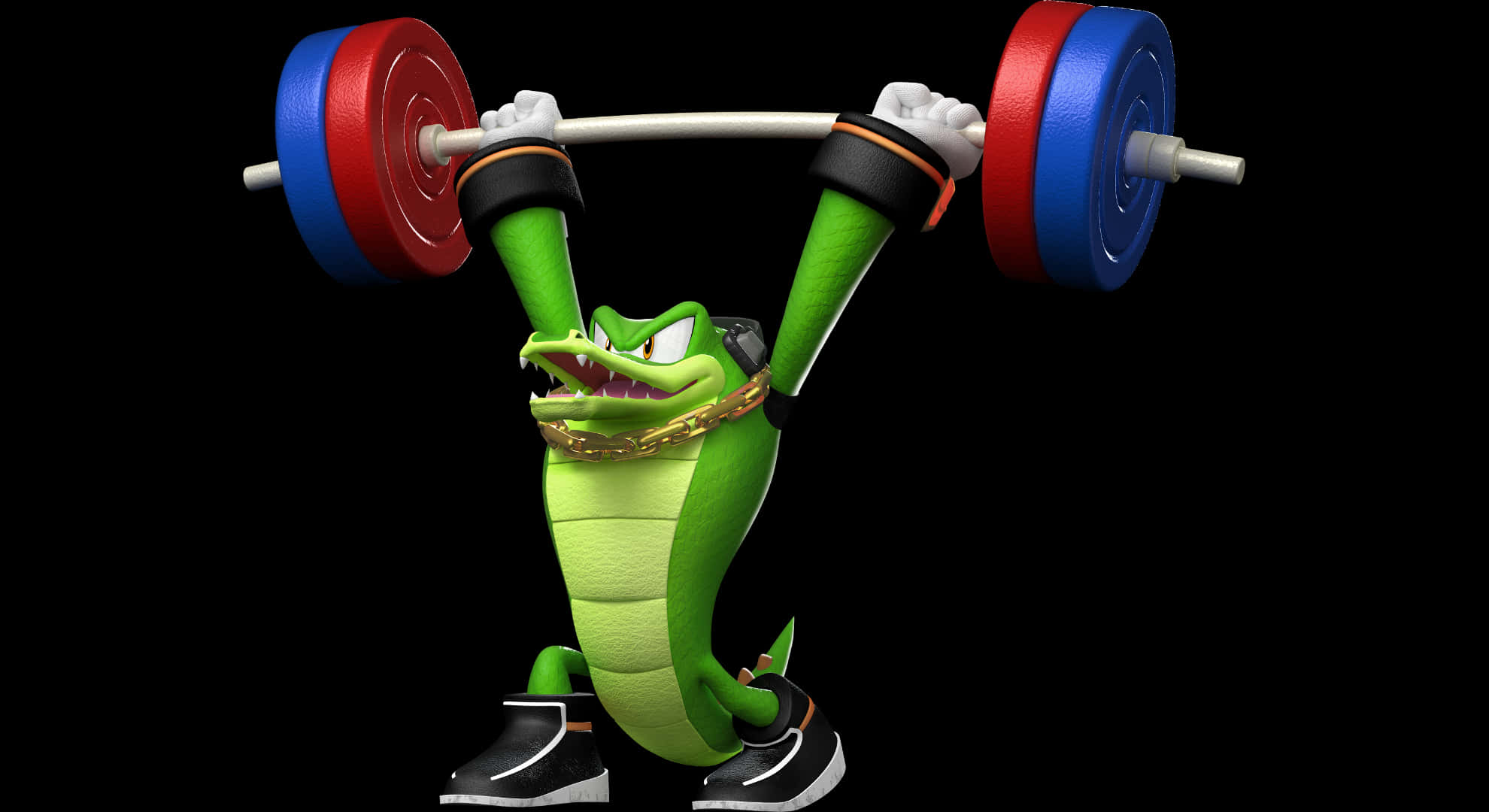 Vector The Crocodile 桌布 壁紙 — 一隻綠色卡通鱷魚在黑色背景下，以兇猛的決心舉起紅藍槓鈴。