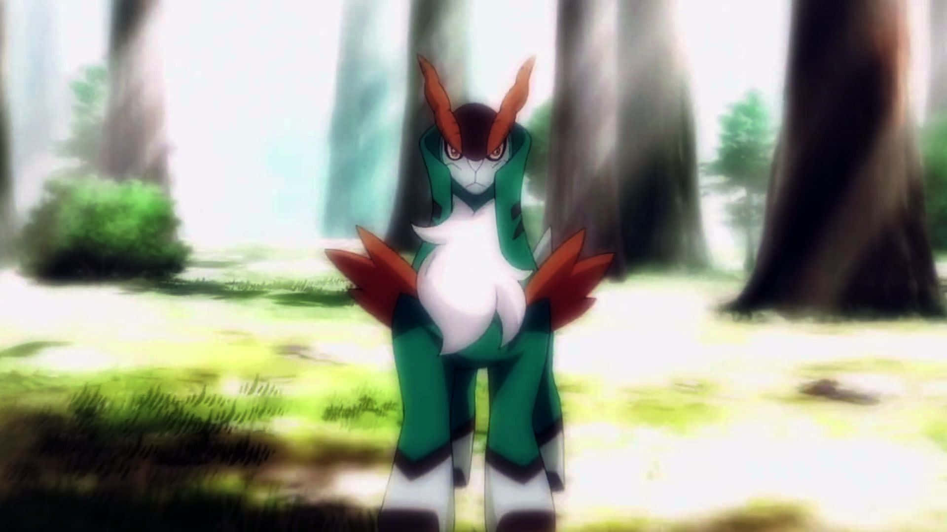 Pokemon Aesthetic 桌布 壁紙 — 一隻綠色和橙色的動漫生物在陽光普照的森林中警覺地站著，周圍有高大的樹木和斑駁的光線。
