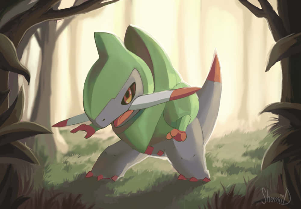 Pokemon Aesthetic 桌布 壁紙 — 一隻綠色和灰色的寶可夢，擁有刀片般的手臂，警覺地蹲伏在陽光明媚的森林空地中。