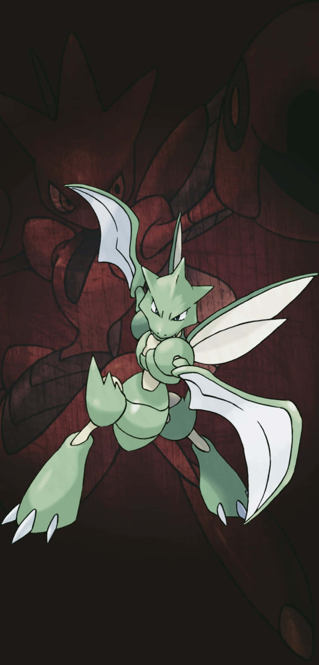 Scyther 桌布 壁紙 — 一隻綠色和白色的昆蟲型寶可夢，擁有鋒利的爪子和翅膀，在暗紅色的陰影背景中挑釁地站立。