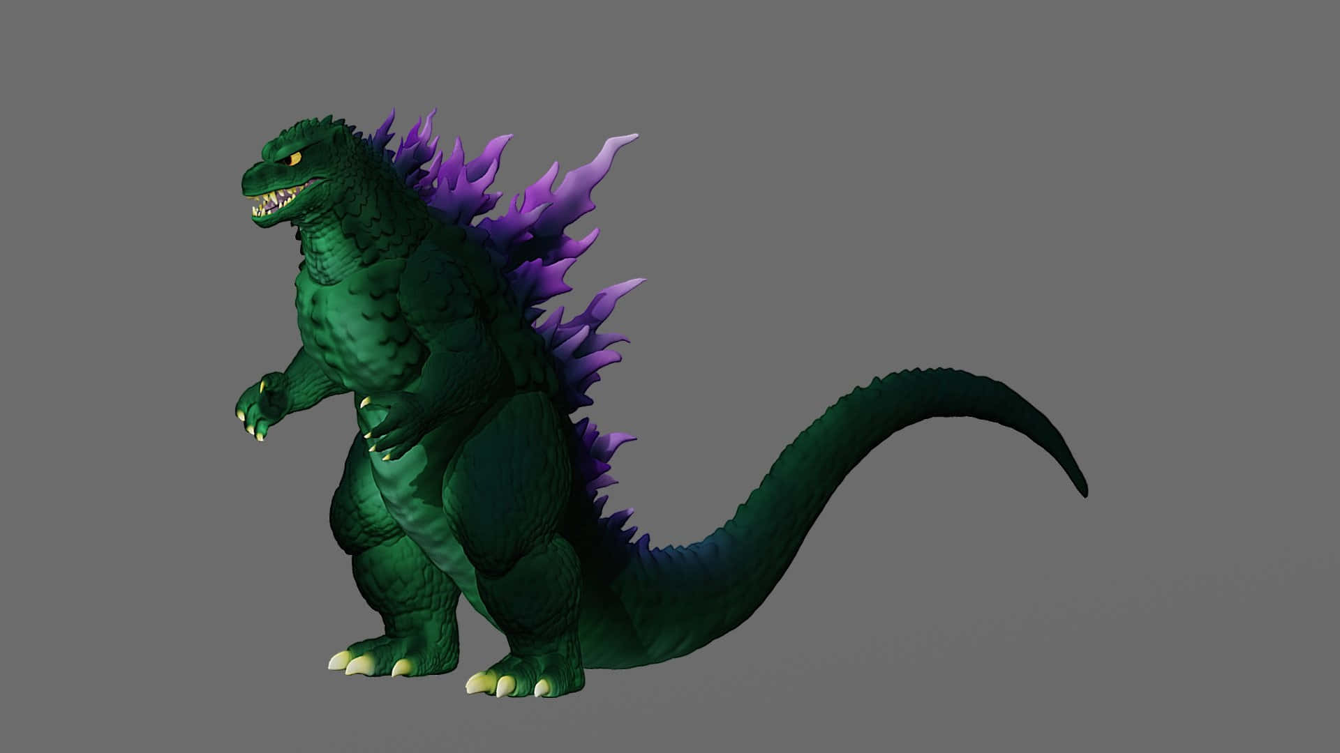 Godzilla 2000 桌布 壁紙 — 一隻綠色哥吉拉，擁有發光的黃色眼睛和紫色背鰭，站在純灰色背景前。