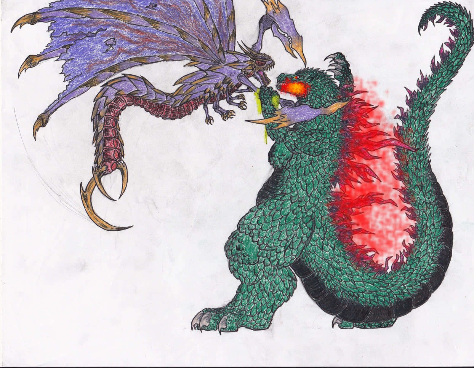 Godzilla Vs Megaguirus 桌布 壁紙 — 一隻綠色哥吉拉，背脊發出紅光，與一隻擁有金色爪子的紫色龍進行手繪戰鬥。