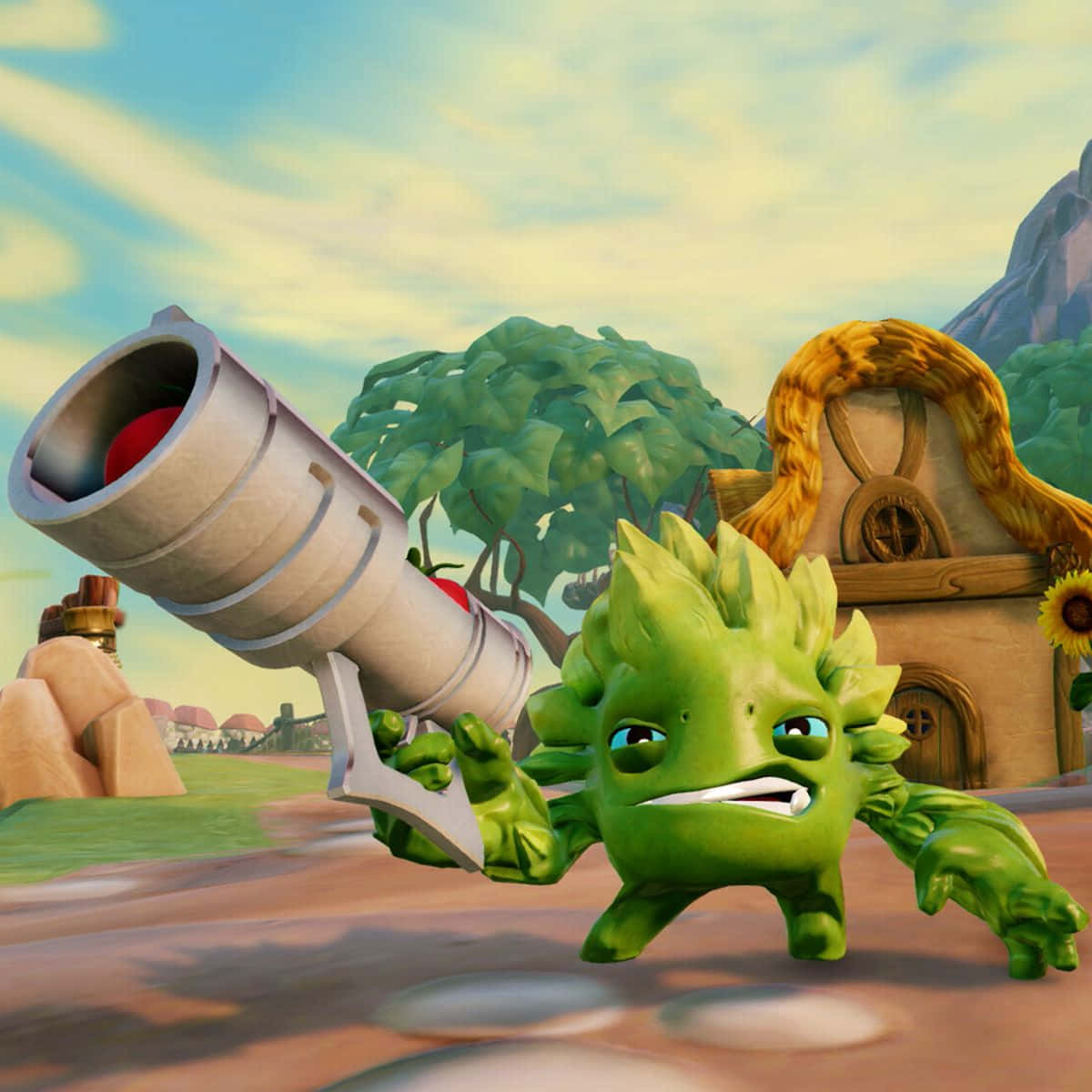 Skylanders 桌布 壁紙 — 一隻綠色多刺的卡通生物在明亮的天空下，在一個奇特的村莊場景中揮舞著一個大炮。