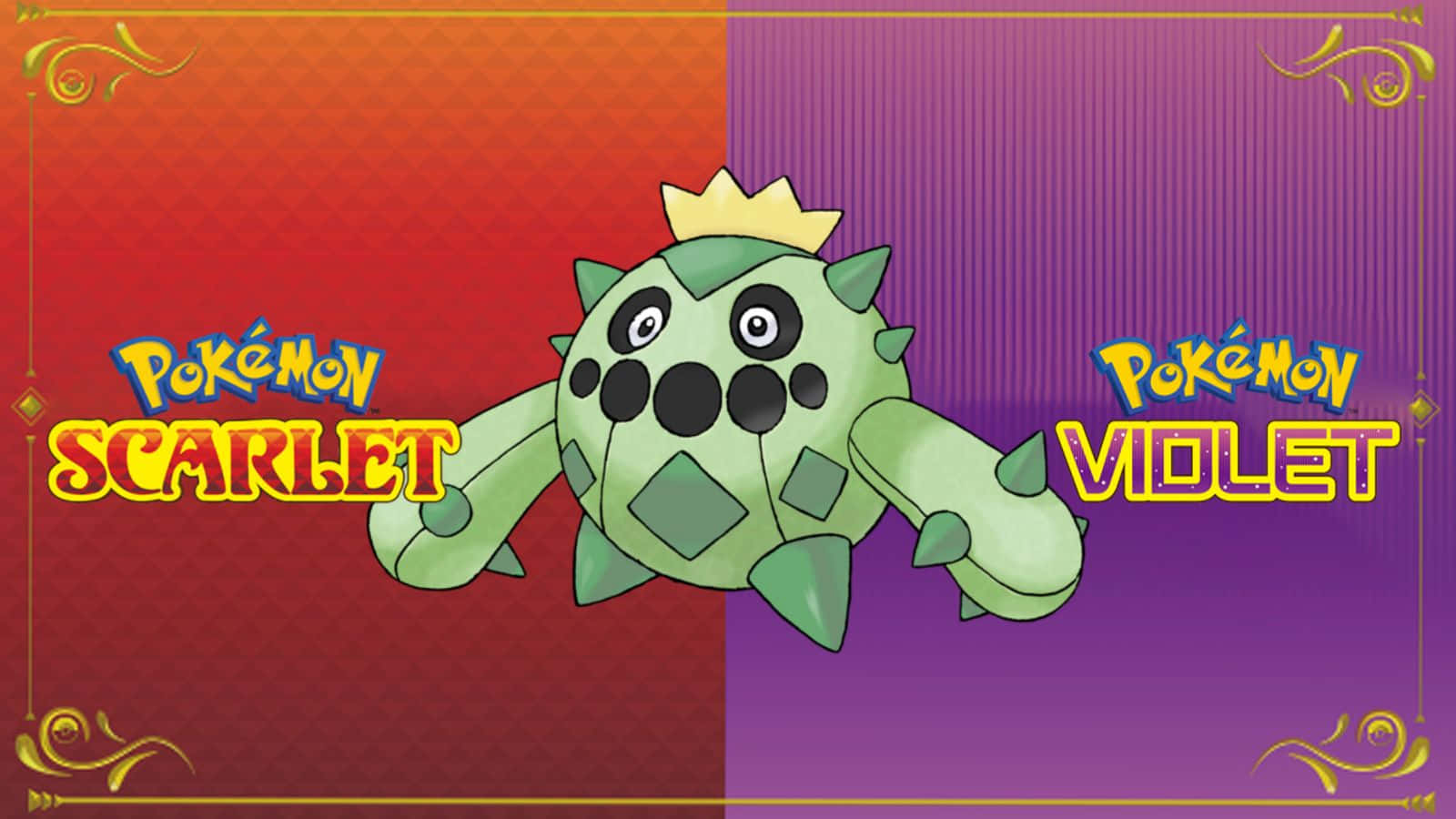 Cacnea 桌布 壁紙 — 一隻綠色多刺的寶可夢戴著皇冠，漂浮在標有 Pokémon Scarlet 和 Violet 的紅色和紫色兩半之間。
