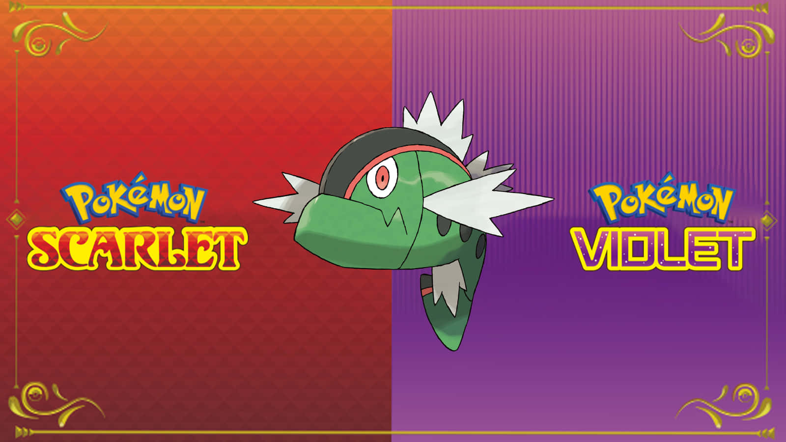 電玩遊戲 桌布 壁紙 — 一隻綠色帶有白色尖刺和紅色眼睛的 Pokémon 漂浮在標有 Pokémon Scarlet 和 Violet 的紅色和紫色兩半之間。