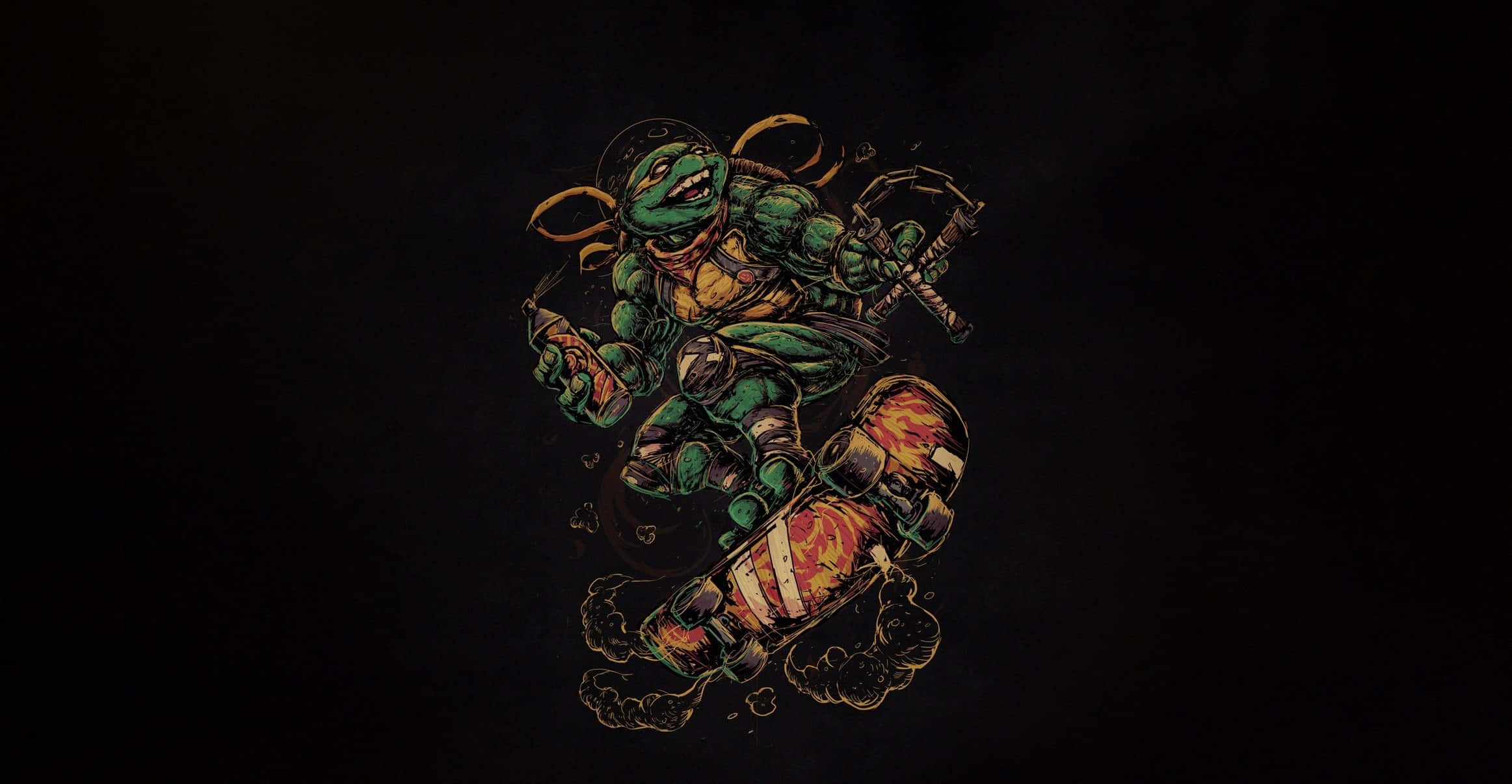 Ninja Turtle 桌布 壁紙 — 一隻綠色忍者龜在黑暗背景上騎著火焰滑板，帶有動態運動線條。