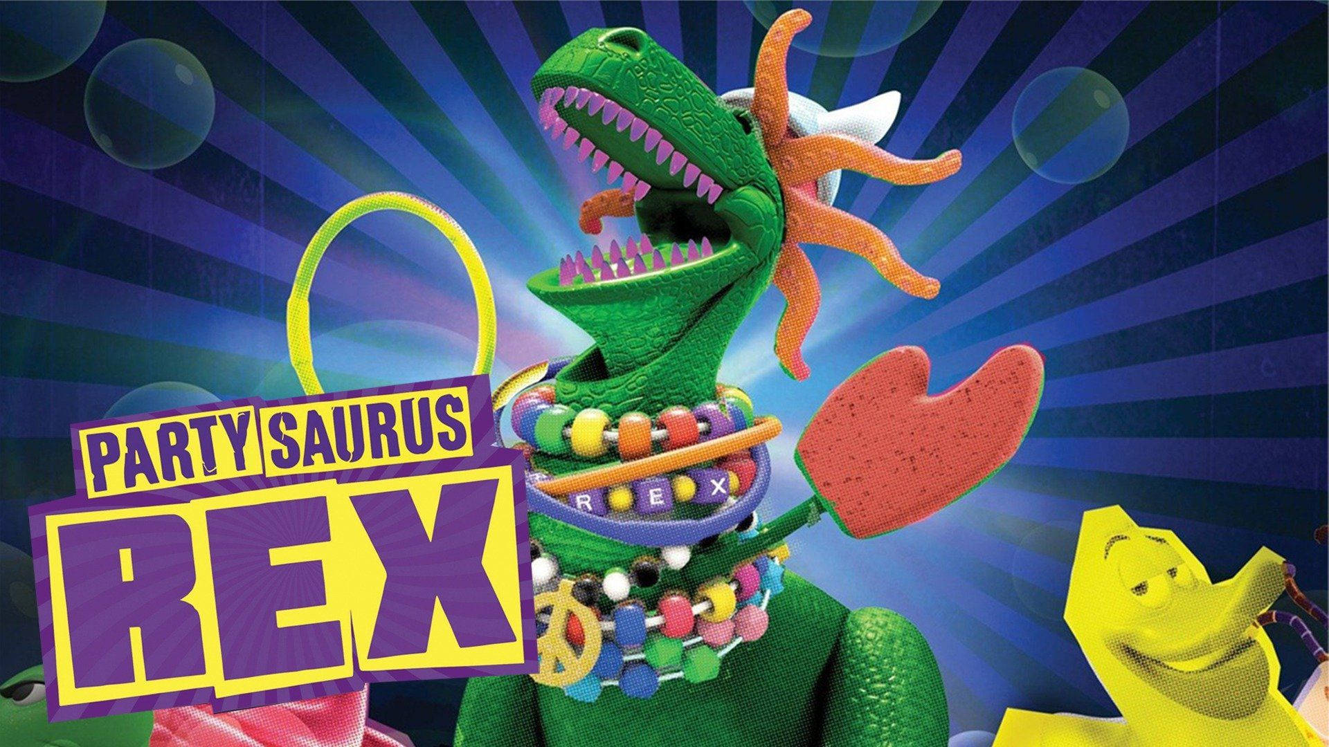 rex 桌布 壁紙 — 一隻綠色恐龍戴著彩色珠子和紅色心形手套，在充滿浮動氣泡的鮮豔藍色放射背景前擺姿勢。