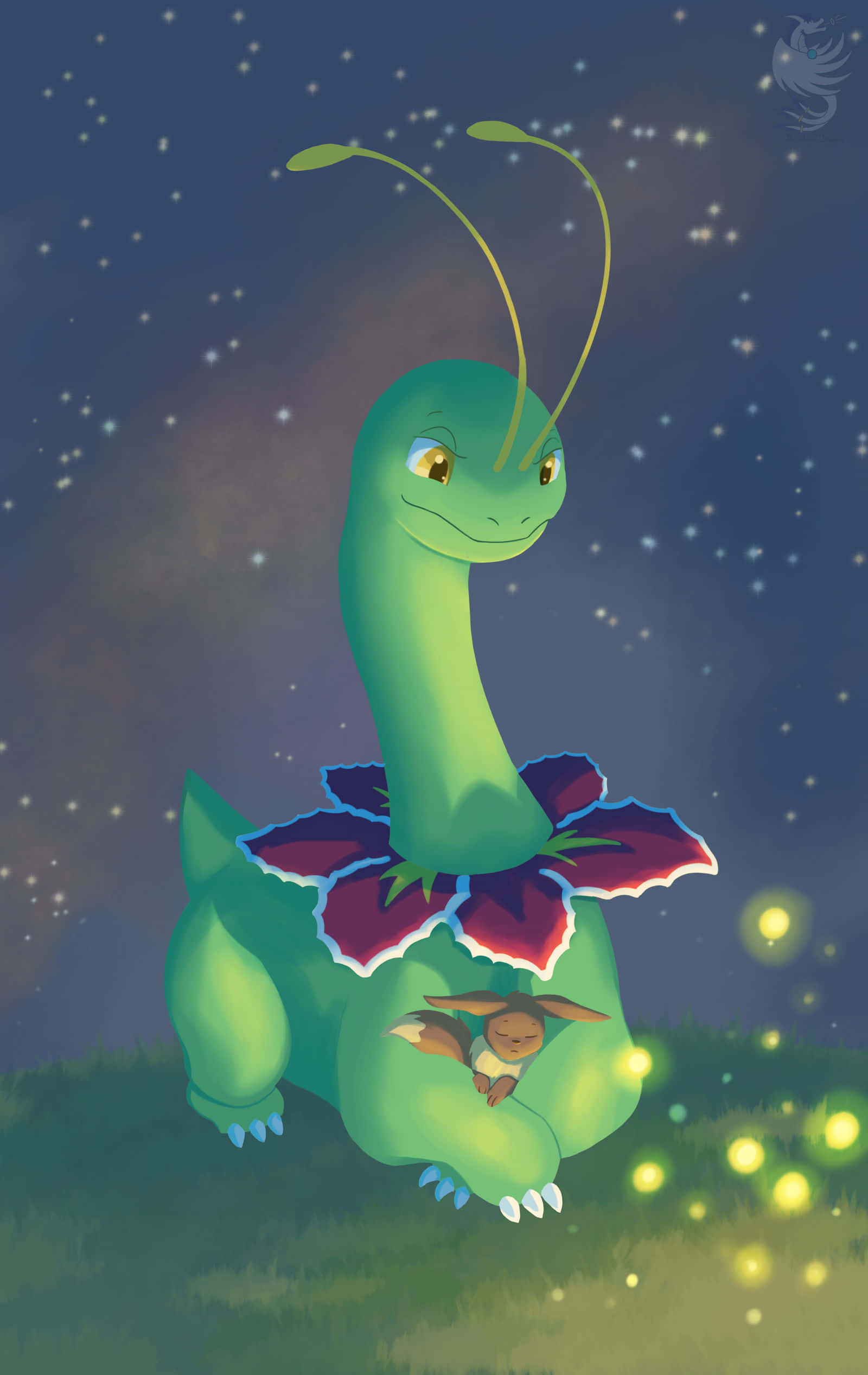藝術 桌布 壁紙 — 一隻綠色恐龍般的生物，帶有花瓣和觸角，在星光閃爍的夜空下，懷抱著一隻小狐狸，周圍有發光的螢火蟲。